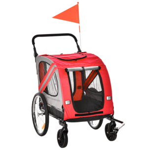 Remorque vélo jogger 2 en 1 pour animaux drapeau roue avant pivotante réflecteurs rouge gris