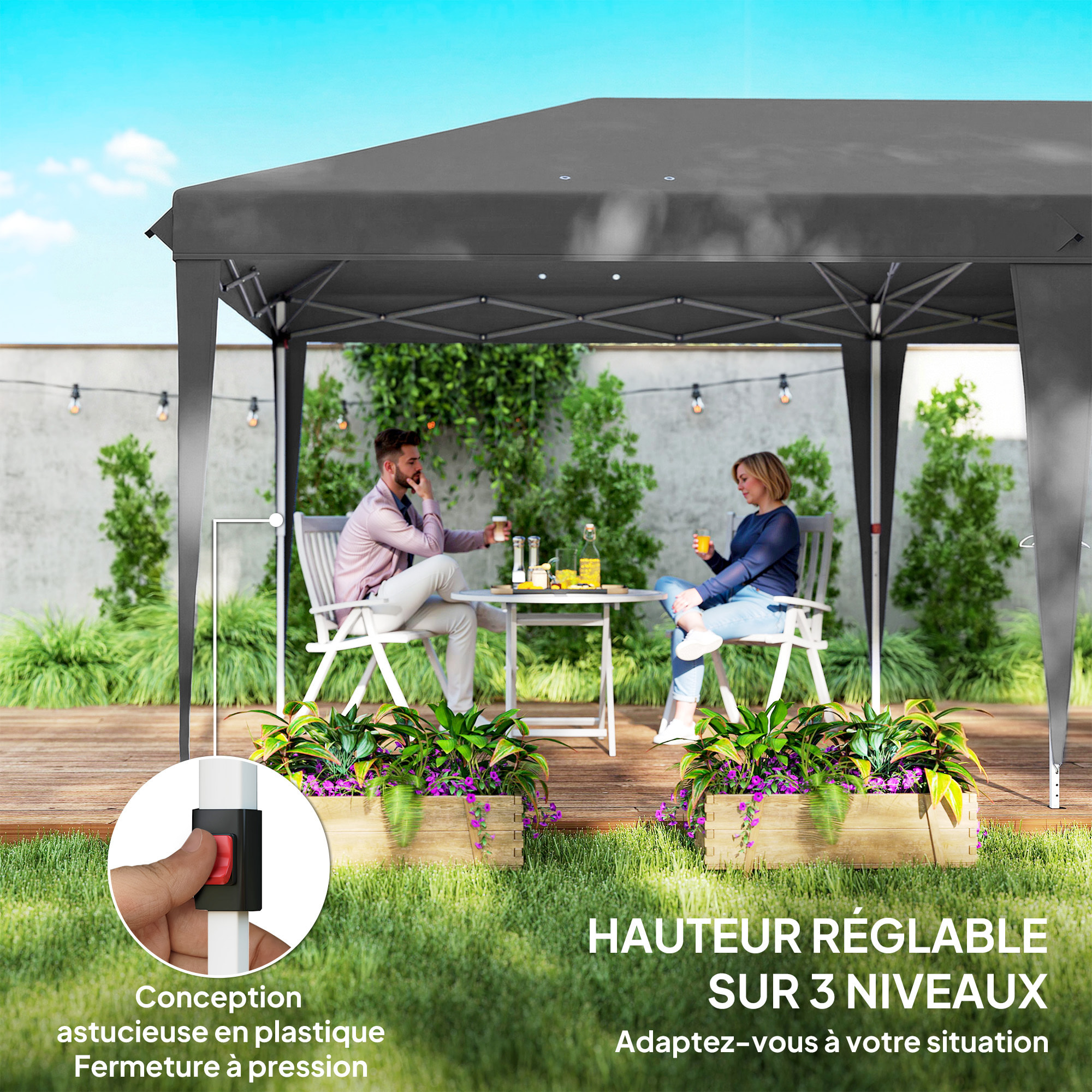Tonnelle barnum pliant pop-up imperméabilisé 5,85L x 2,95l x 2,7H m 6 parois latérales amovibles 4 fenêtres + sac de transport anthracite