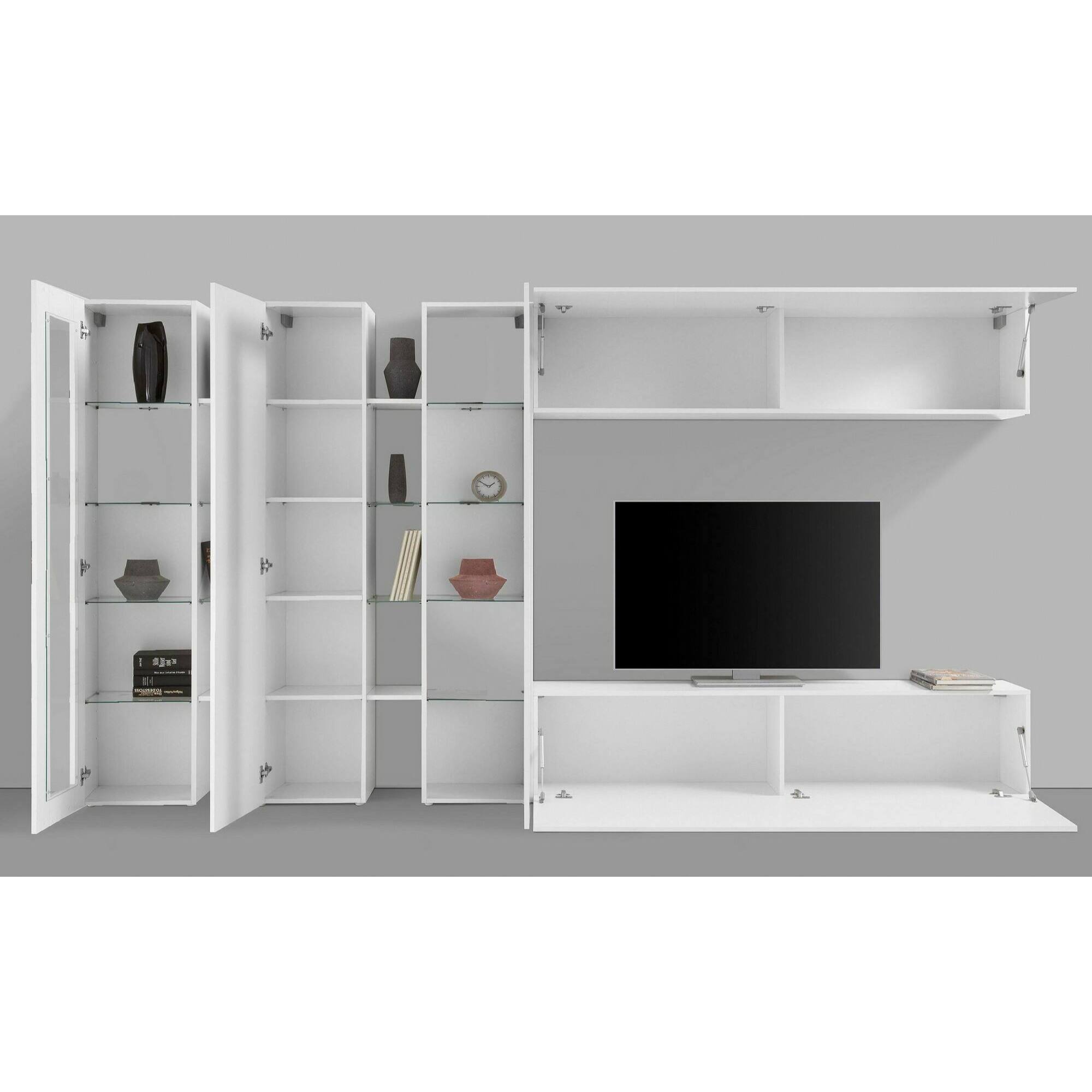 Parete attrezzata Clemente, Set salotto porta TV a 5 ante, Mobile soggiorno multiuso, 100% Made in Italy, cm 340x30h180, Bianco lucido