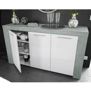 Credenza Bellevue, Madia moderna a 3 ante, Buffet da soggiorno, Mobile porta TV, Madia per salotto, cm 144x42h80, Cemento e Bianco