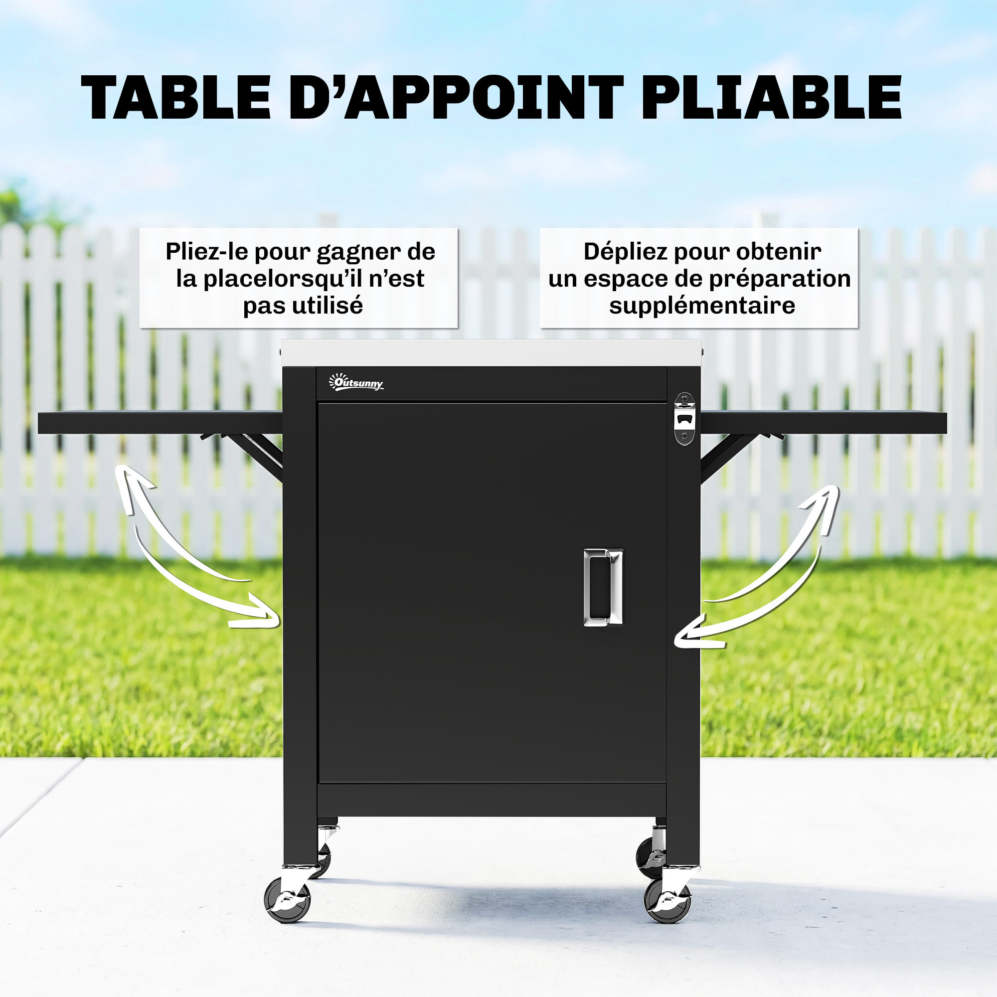 Desserte de jardin une porte 2 tablettes rabattables plateau acier inox
