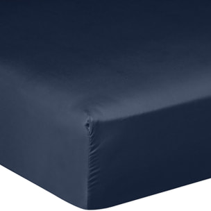 Drap housse - bonnet:30cm 100% satin de coton lavé 105 fils bleu marine