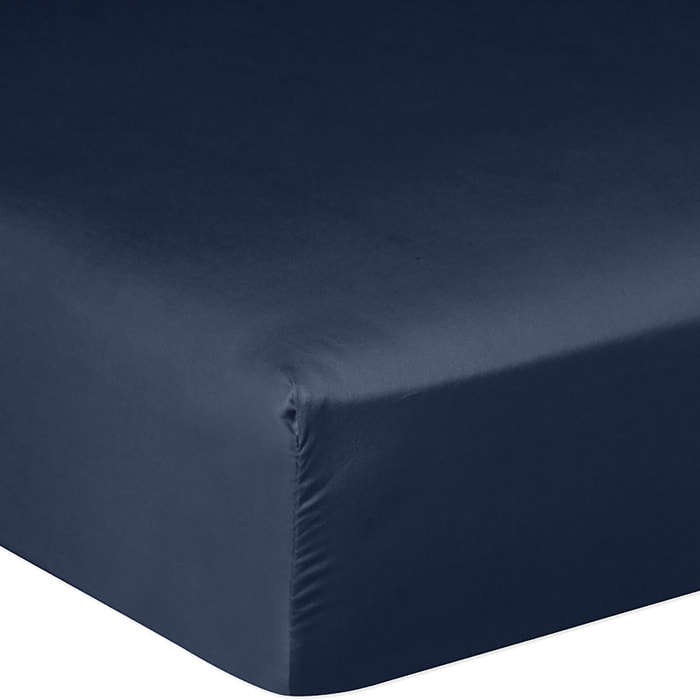 Drap housse - bonnet:30cm 100% satin de coton lavé 105 fils bleu marine