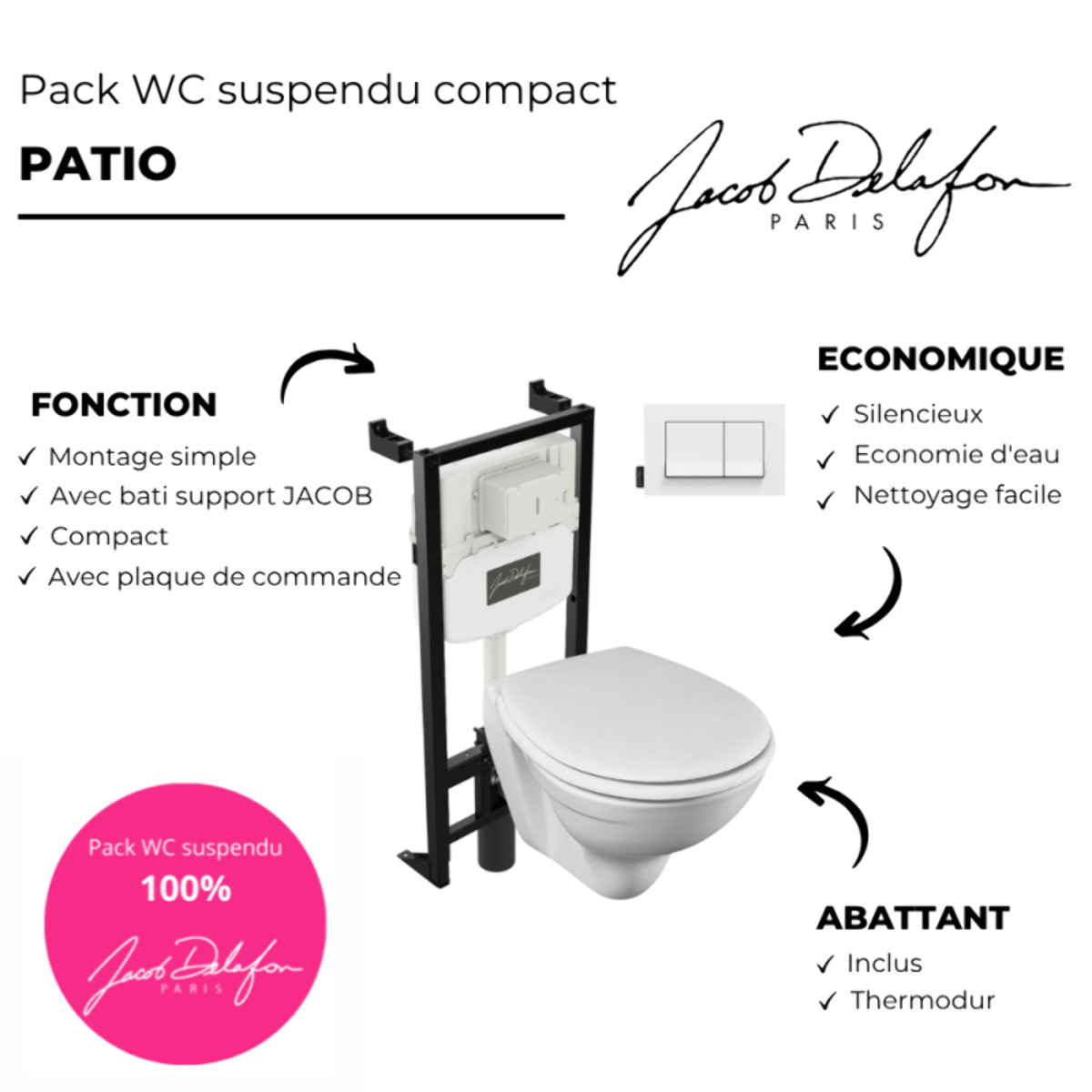 Pack WC suspendu compact Patio + bâti support + plaque