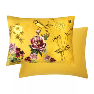 Taie d'oreiller satin de coton imprimé jaune Mesanges curry