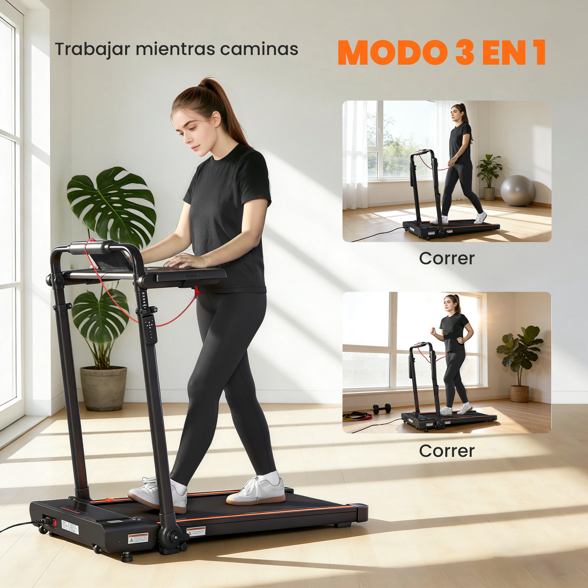 Cinta de Correr Plegable 2 en 1, Andar Caminadora Eléctrica 2.5HP con Escritorio Extraíble y Manillar Ajustable en Altura, 1-12 KM/H, Pantalla LED y Soporte para Móvil, para Hogar y Oficina