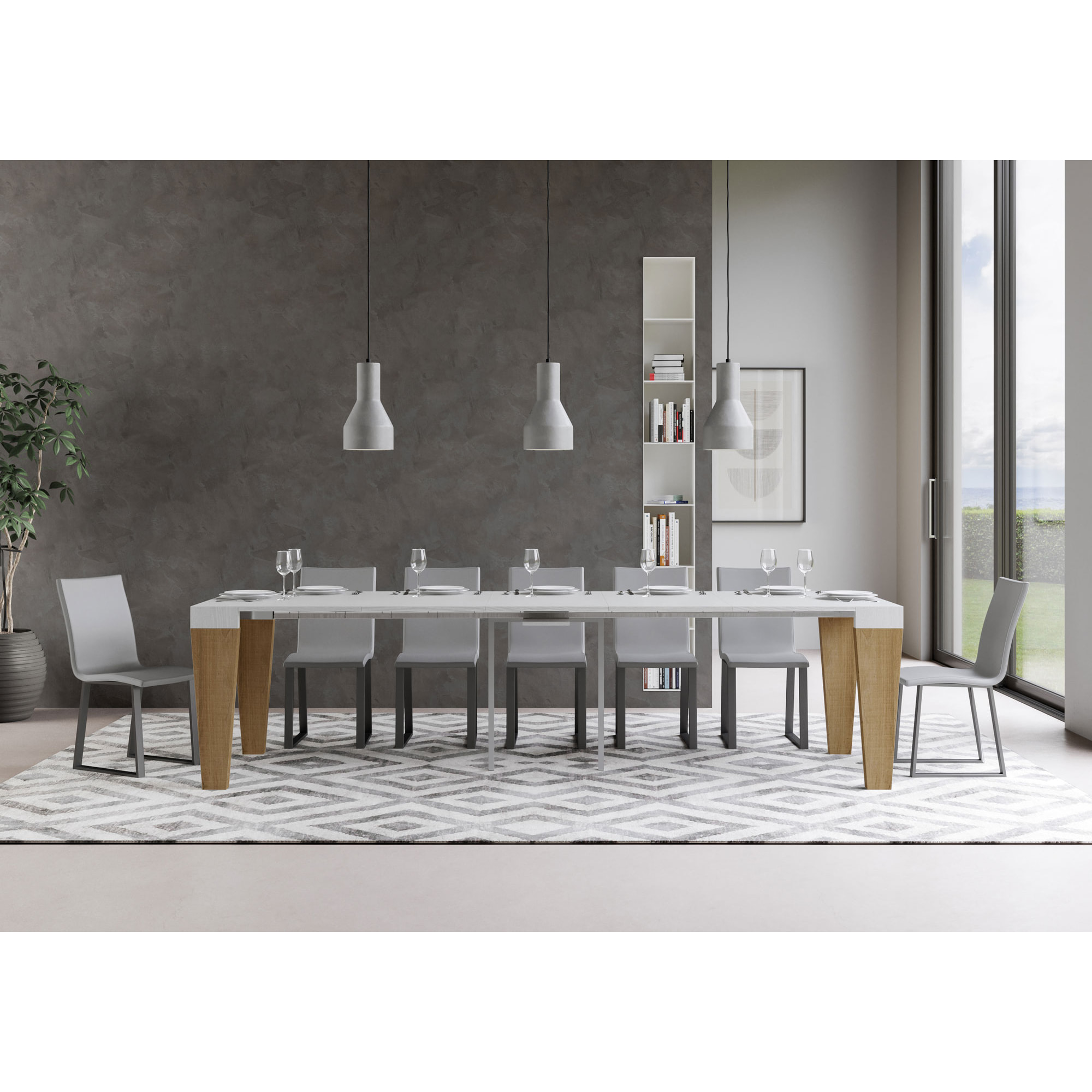 Consola extensible 90x40/300 cm Spimbo Mix tapa Fresno Blanco - patas Roble Natural