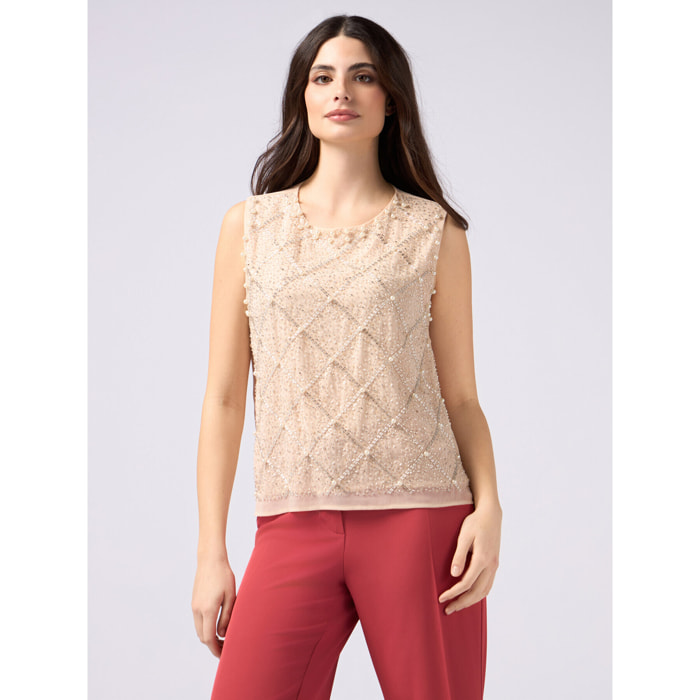 Oltre - Top de georgette con aplicaciones - Beige