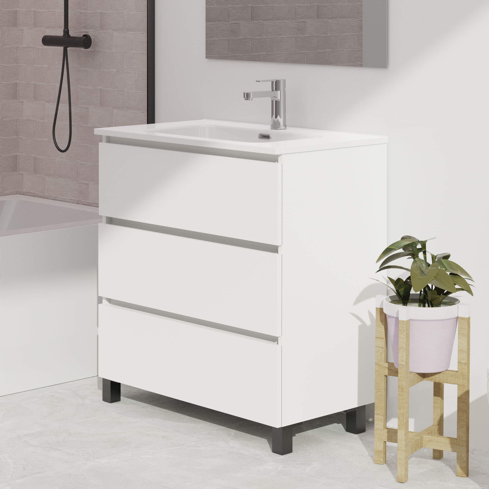 Ensemble De Salle De Bain Wink | 90 Cm Blanc Mat | 3 Tiroirs | Vasque Ceramique | N'Inclut Pas Miroir | Mueble Montado | Alday