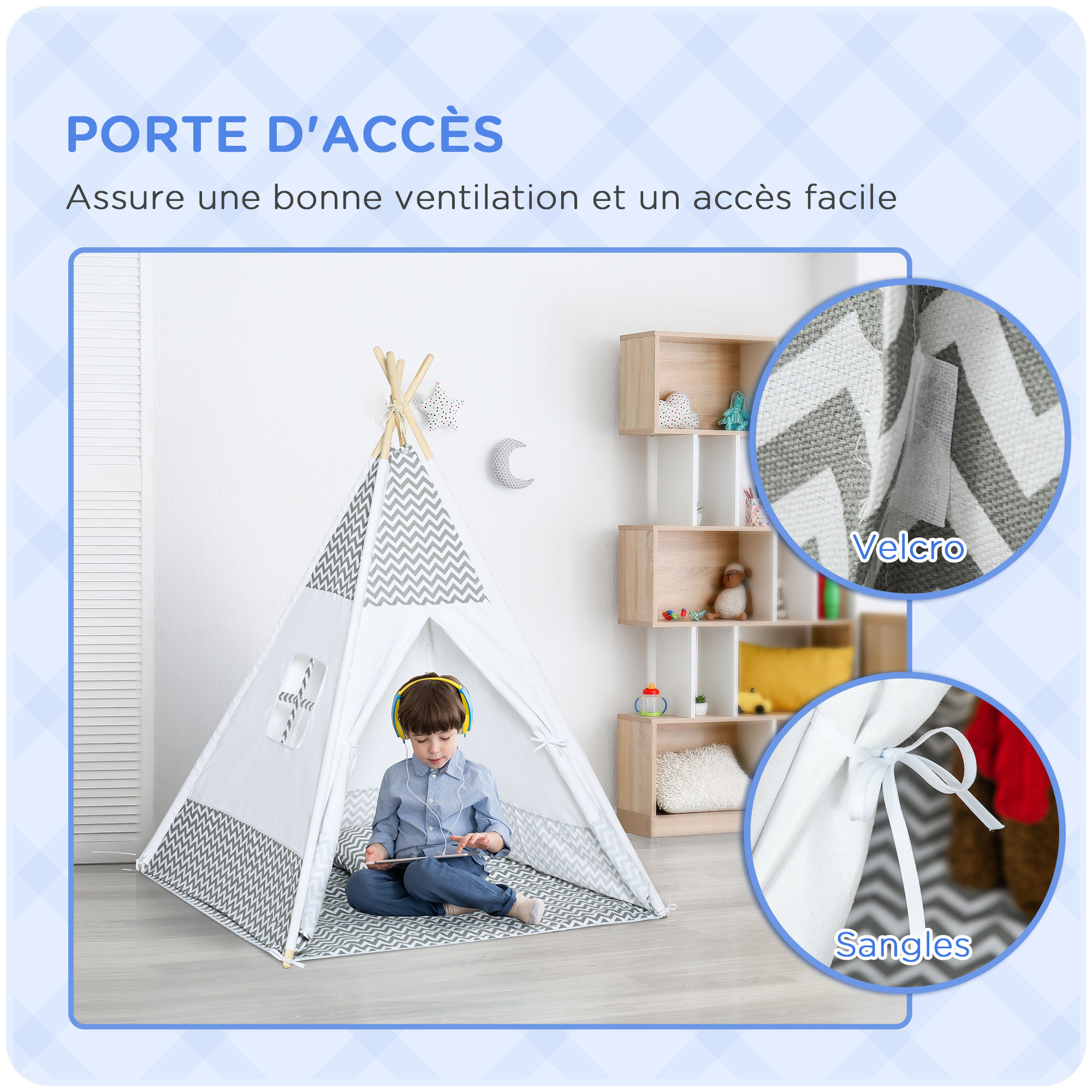 Tente teepee indien enfant style graphique - dim. 1,2L x 1,2I x 1,55H m - porte refermable, fenêtre, tapis, coussin, sac transport inclus - structure bois, toile polyester coton gris blanc