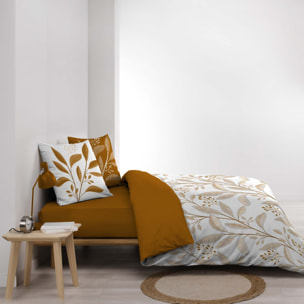 Parure de lit 3 pièces en coton à motif feuilles housse + taies - Blanc