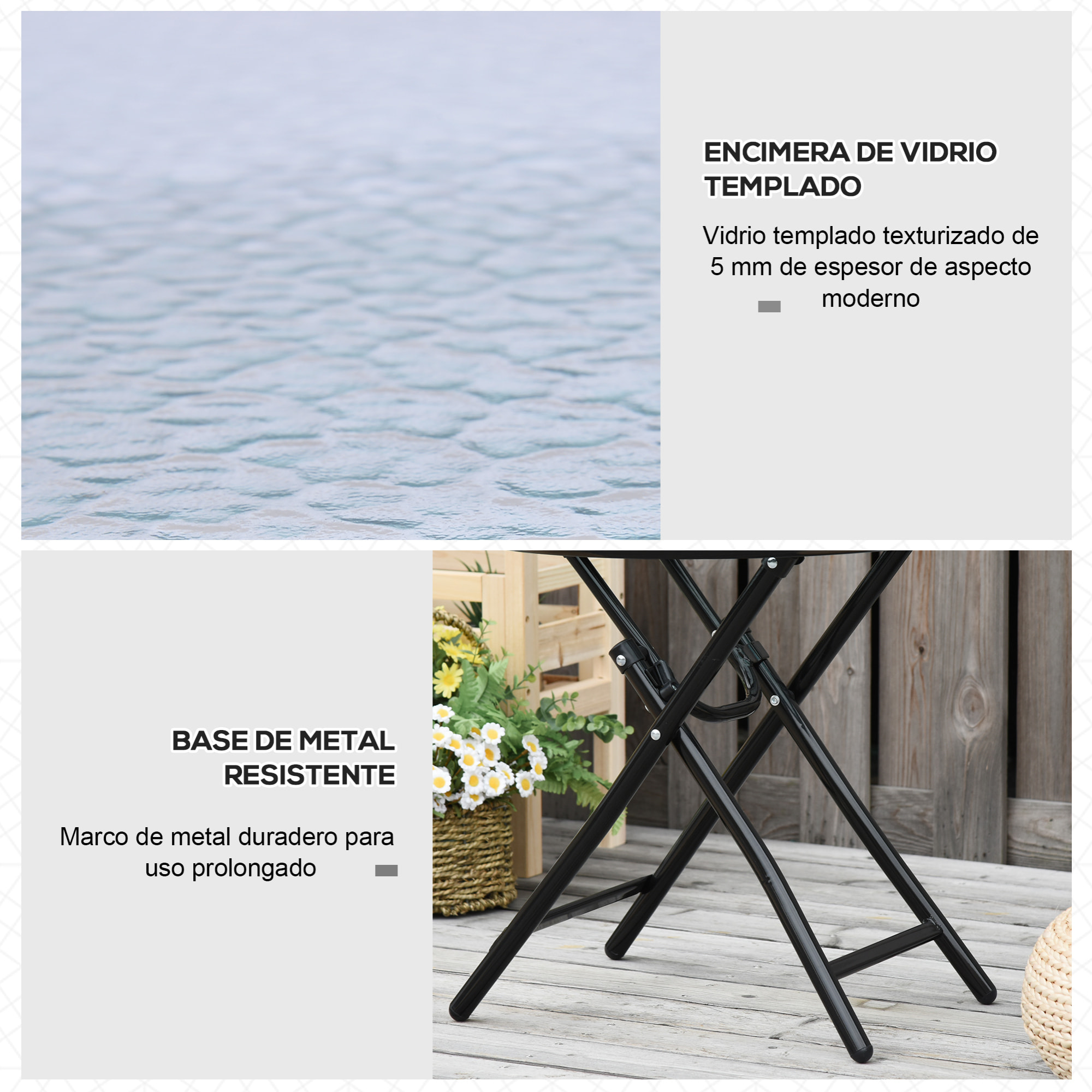 Mesa de Vidrio Redonda Plegable Mesa de Jardín con Hebilla de Seguridad Borde Cubierto de Metal Patio Interior y Exterior Ø45x50 cm Negro
