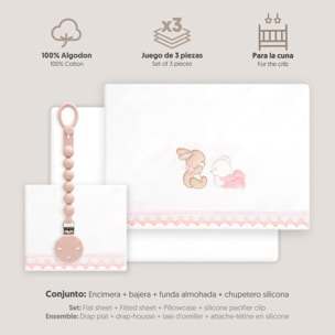 Triptico Cuna Guipur Oso Tumbado Conejito + Broche Bco/Rosa