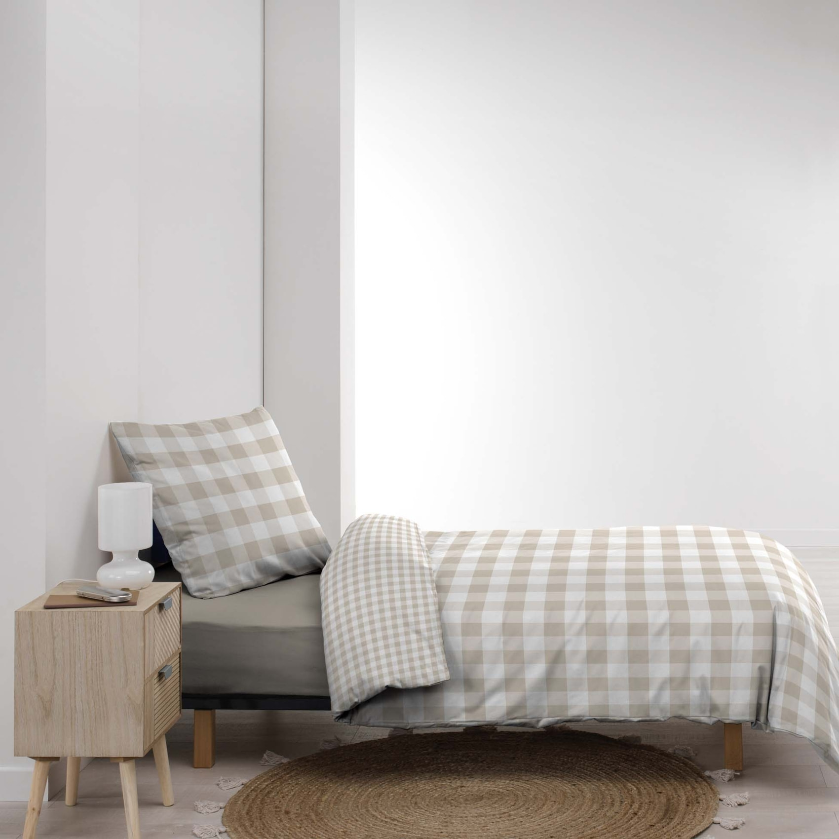 Parure de lit 2 pièces 100 % coton imprimé à carreaux housse + taie - Naturel