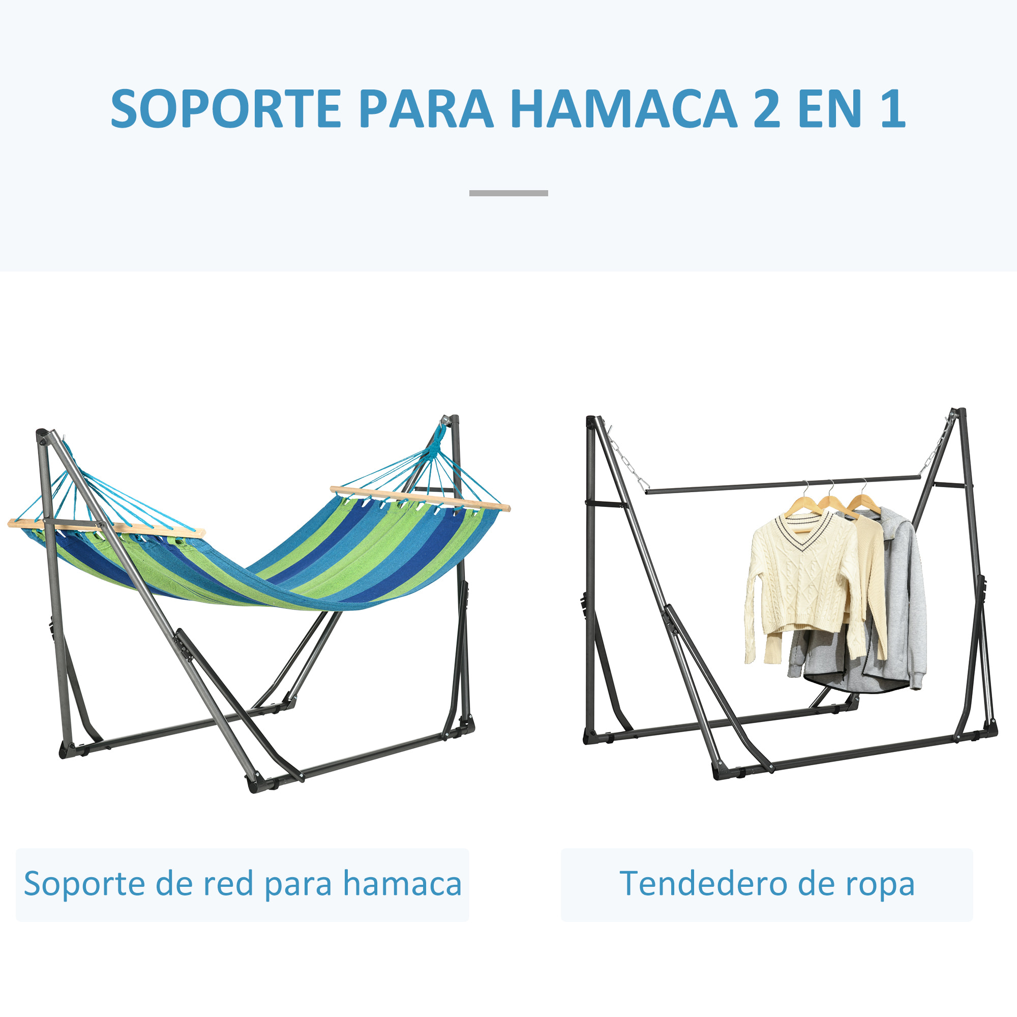 Hamaca con Soporte Plegable 2 en 1, Tendedero con Barra, Estructura de Acero, Hamaca de Camping Portátil de Algodón, Carga 120 kg, para Jardín, Patio, Terraza, 270x100x94 cm, Azul y Verde