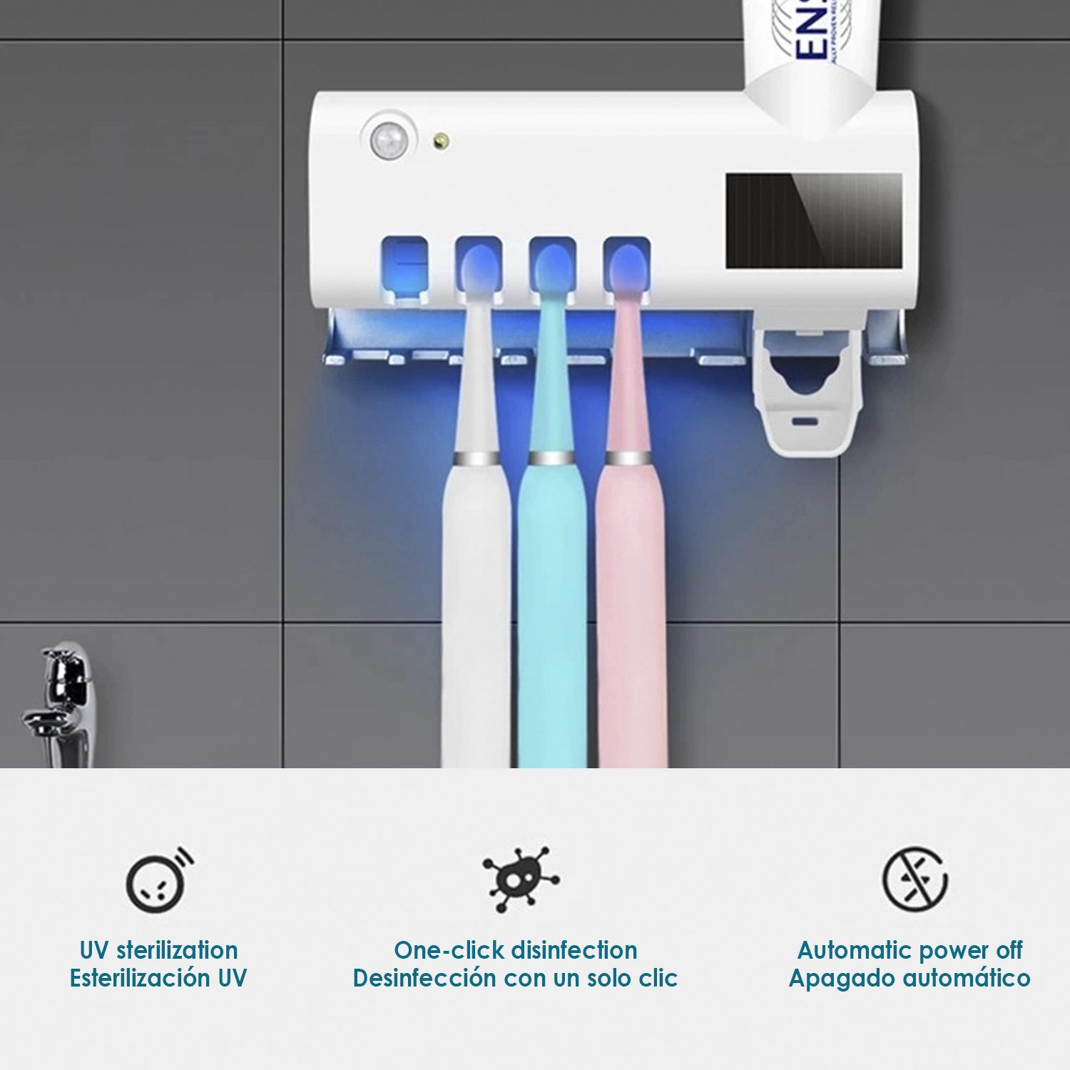 Sterilizzatore e supporto per 4 spazzolini da denti con dosatore di dentifricio. Pannello solare.