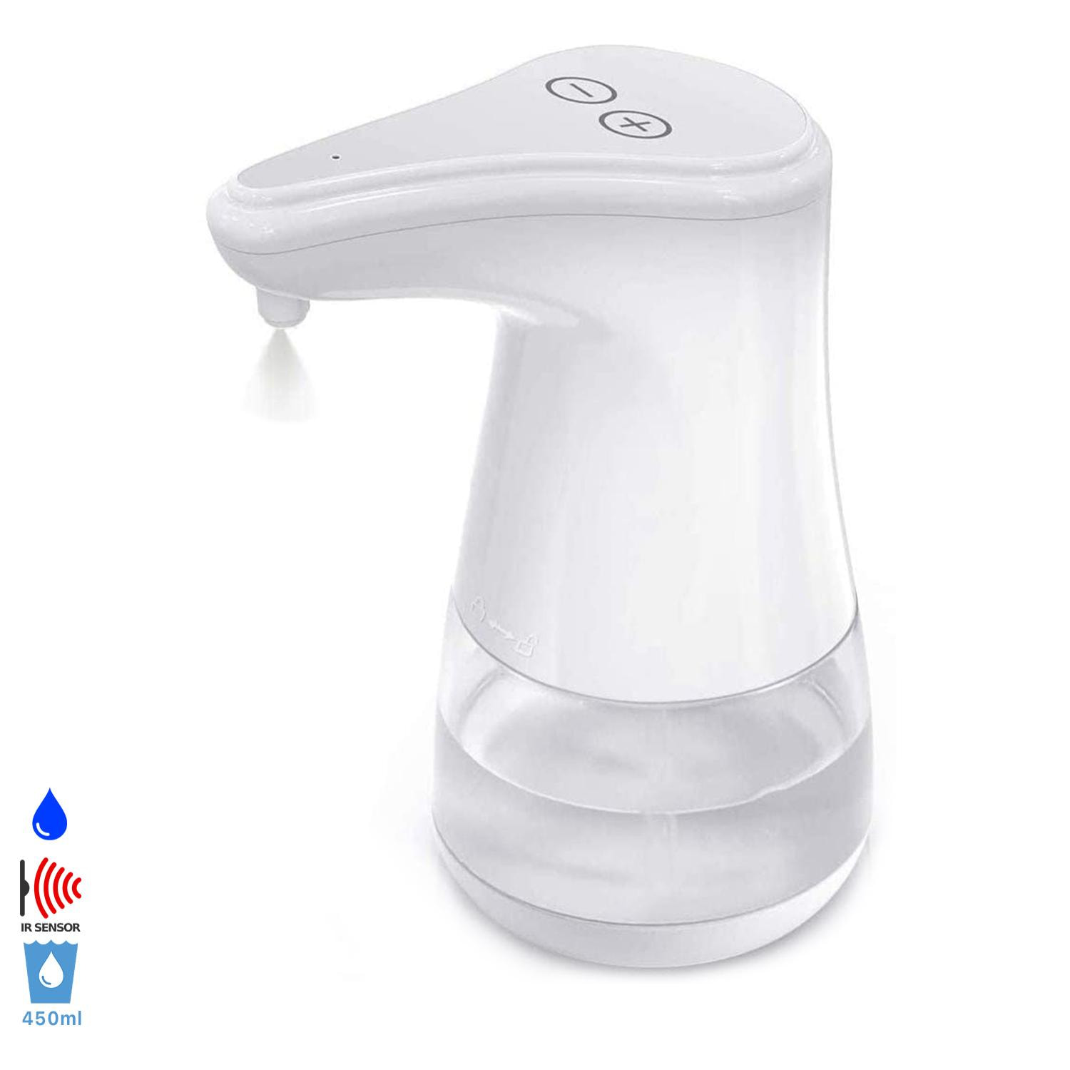 Dispensador automático por infrarojos con dosis regulable para gel hidroalcólico o jabón por goteo de 360ml.