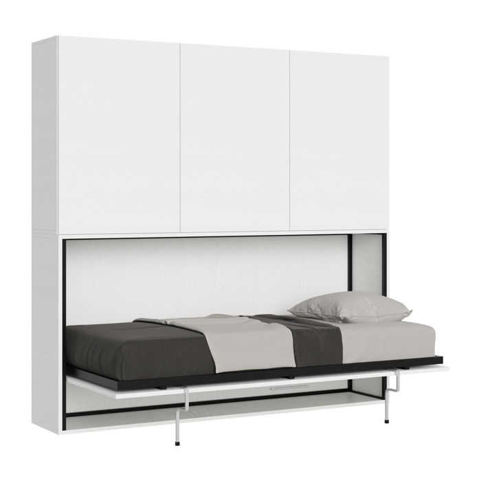 Armoire lit escamotable horizontal 1 couchage 85 Kando avec matelas composition D Frêne Blanc