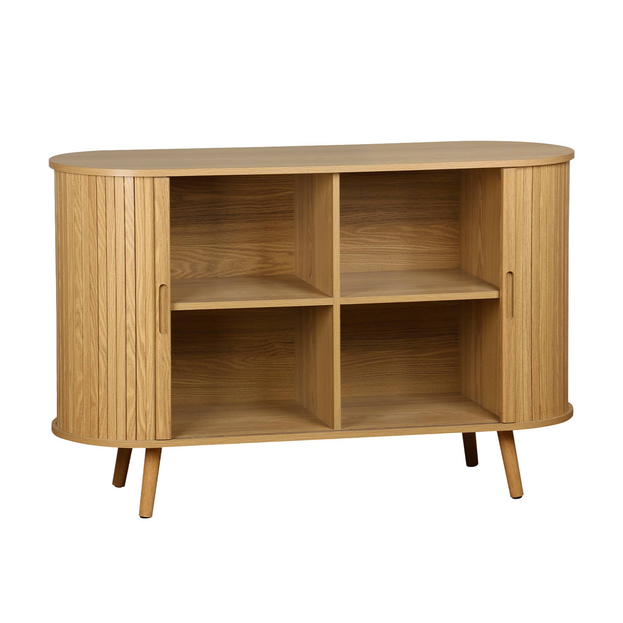 Buffet scandinave 2 portes coulissantes. 4 compartiments. effet bois rainuré. couleur naturelle. buffet bas. L 120 x P 40 x H 75cm