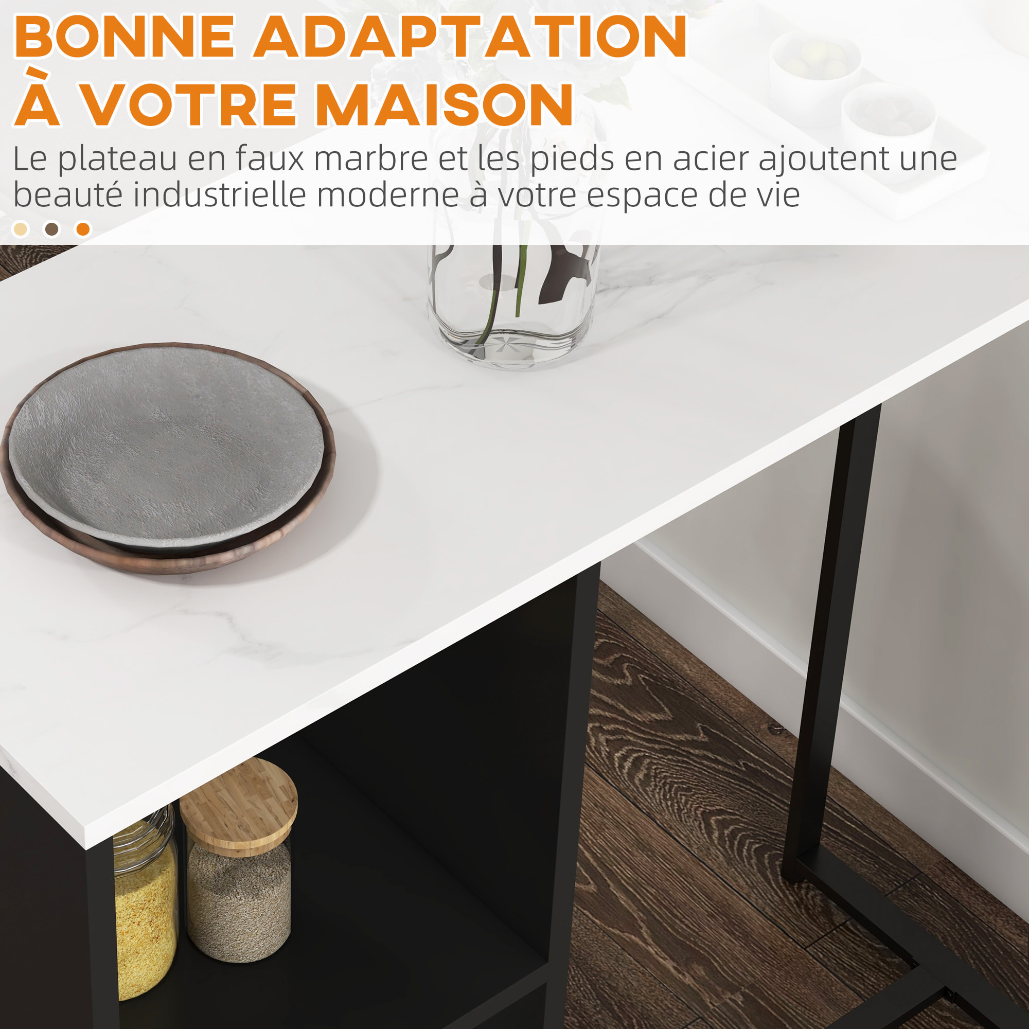 Table de bar design contemporain - table haute 3 niches avec range-bouteilles - acier panneaux noir aspect marbre blanc