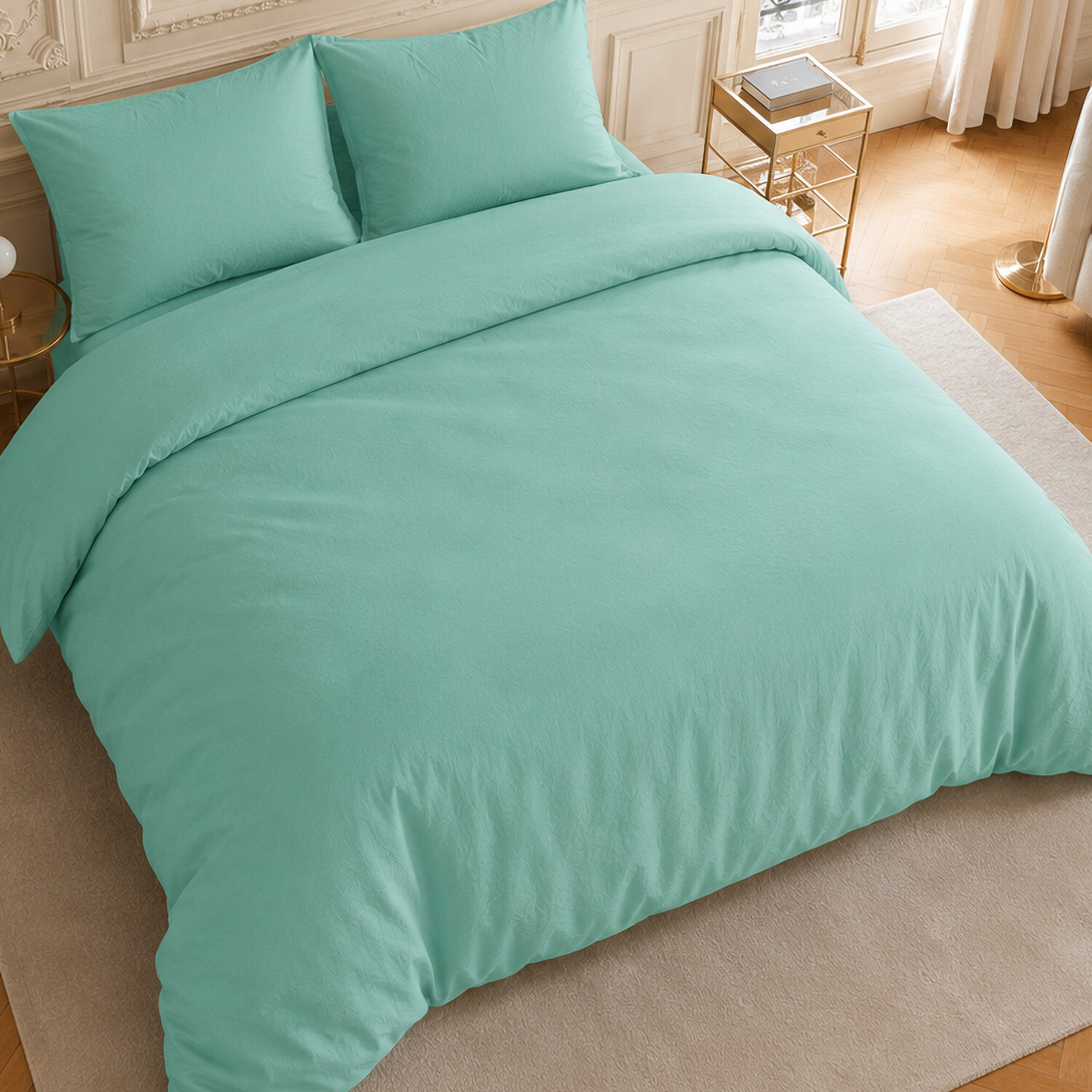 Parure housse de couette coton/lin unie bleu aqua, HAVEN