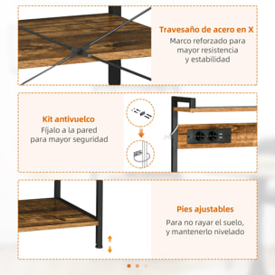 Estante de Cocina Industrial con Cargadores USB Estantería para Microondas con Toma de Corriente Estante Ajustable 5 Ganchos en S y Cesta Extraíble 90x42x130 cm Marrón Rústico