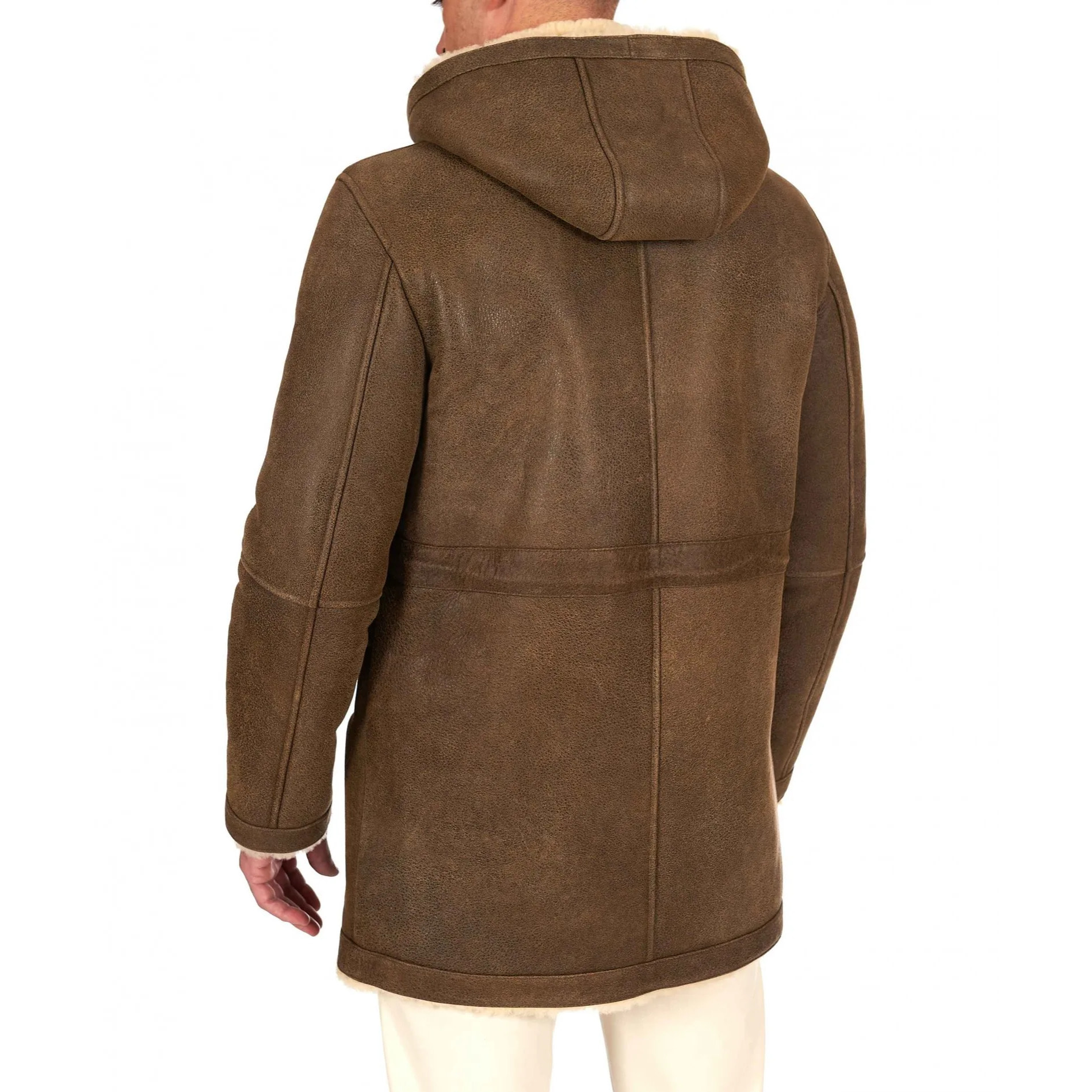 Cappotto Montone Shearling color fango con cappuccio staccabile