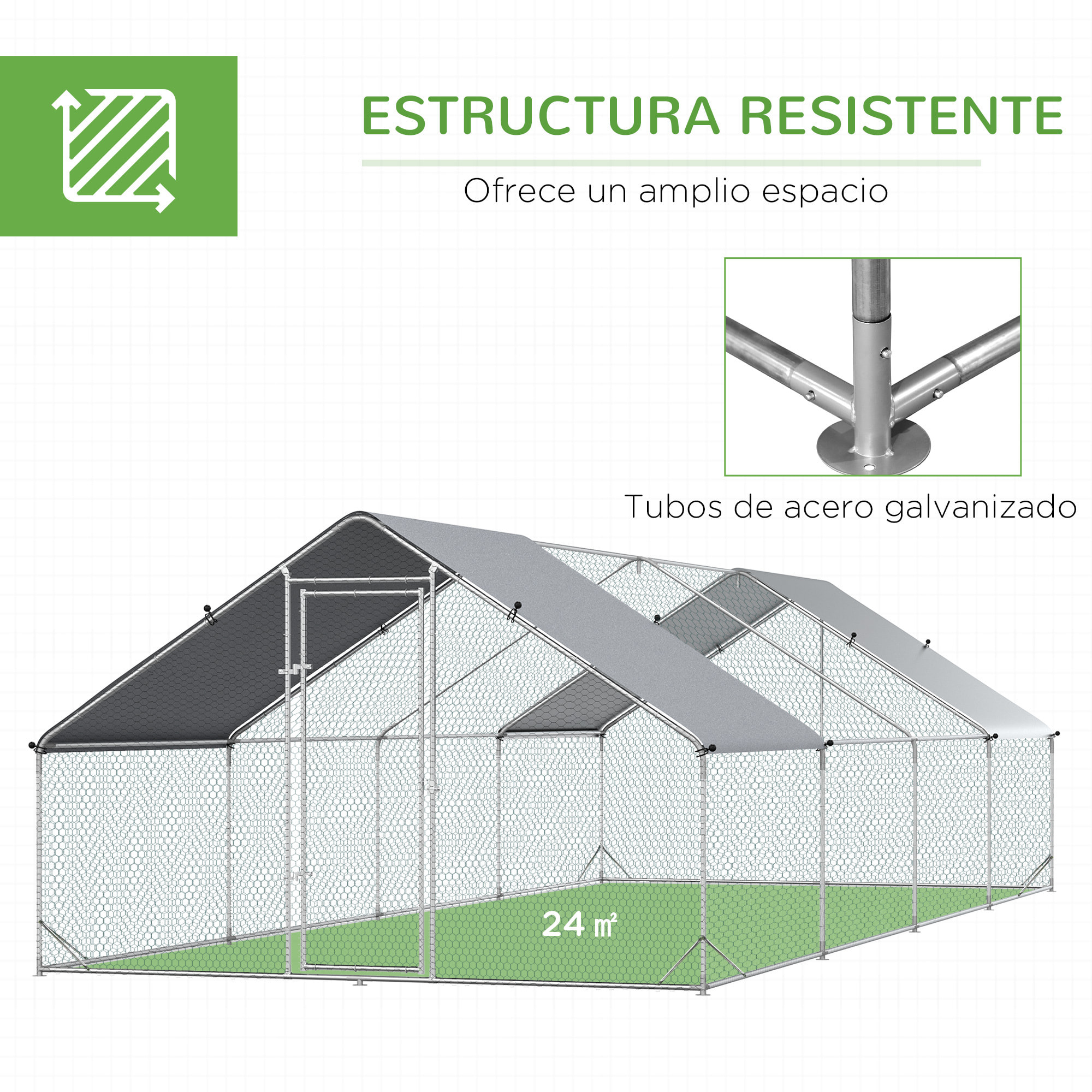 Conjunto de 1 Gallinero de Madera con 2 Nidos Bandeja Extraíble 150x100x96,5 cm y 1 Gallinero para Exterior Grande de Acero Galvanizado 3x8x2 m