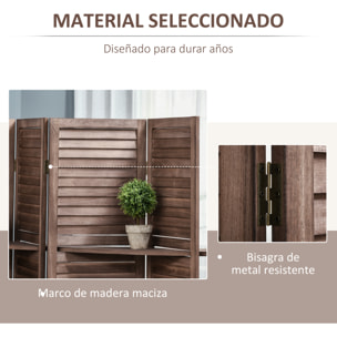 Biombo Plegable de 4 Paneles de Madera, 162x170 cm, Biombo Separador de Ambientes con 3 Estantes, Diseño de Persianas, Decoración para Dormitorio, Salón, Nogal