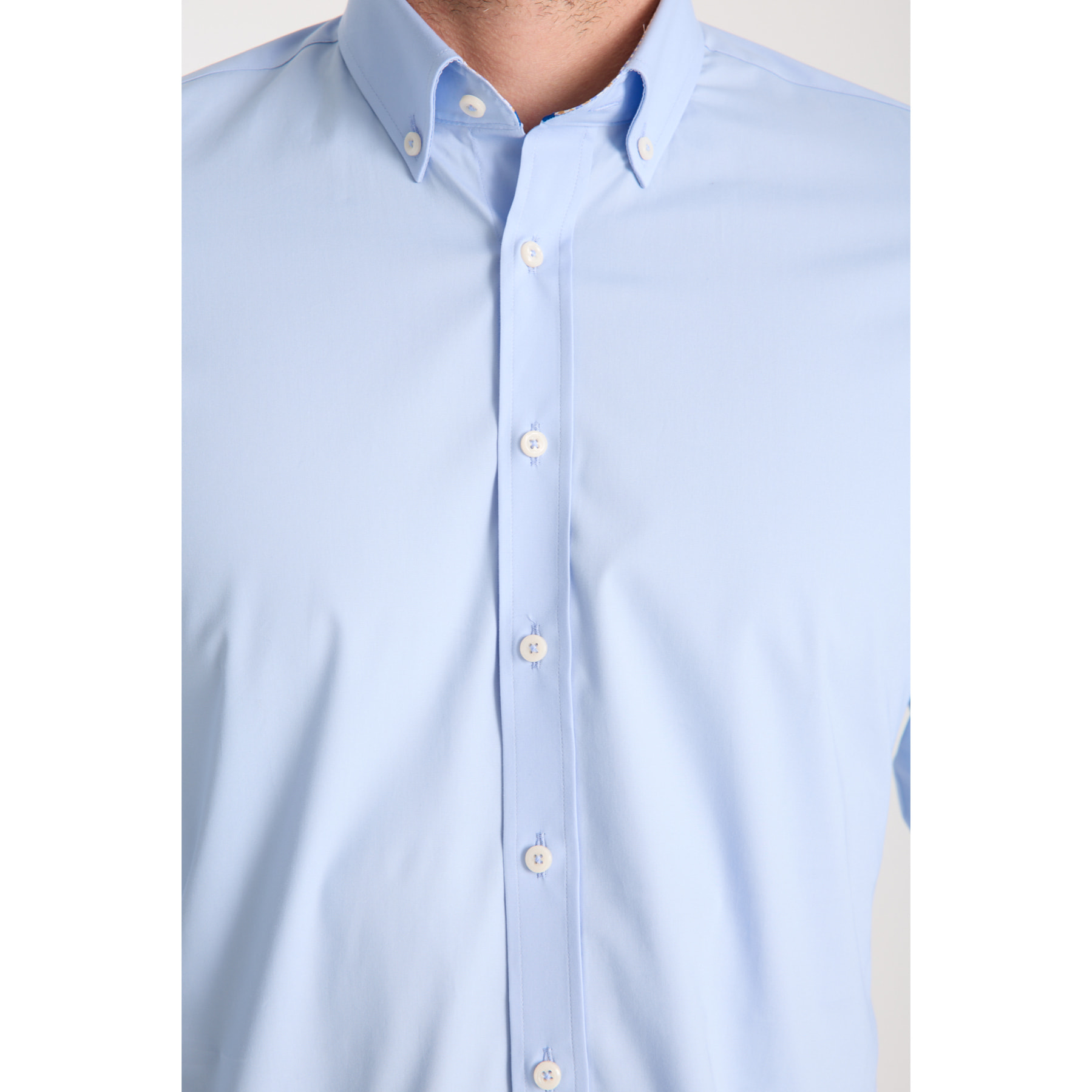 camicia uomo 1 bottone button down slim Popeline Stretch Unito Celeste