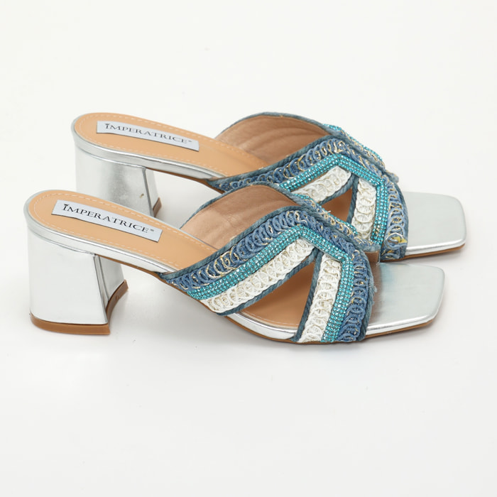 Sandali in simil pelle con tacco comodo quadrato ed applicazione strass