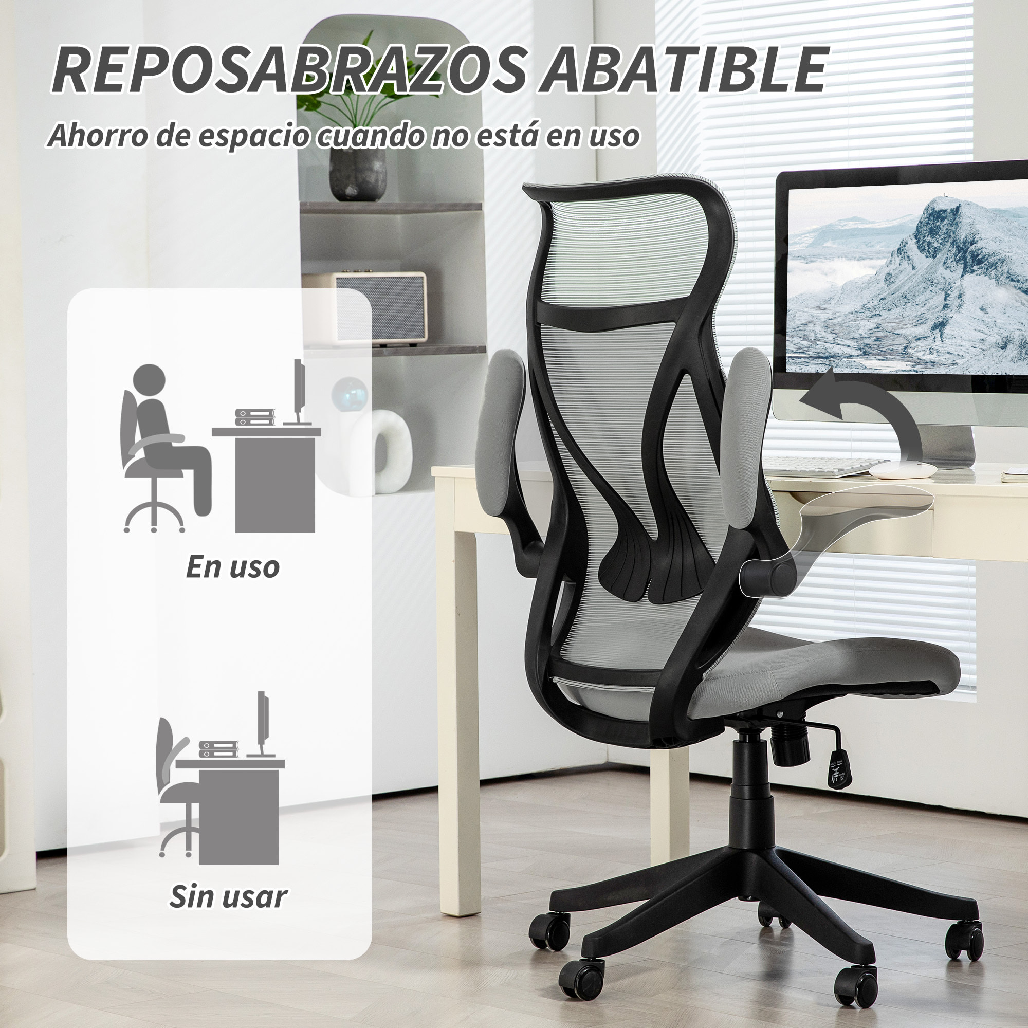 Silla de Escritorio de Malla Silla de Oficina Giratoria con Altura Ajustable Reposabrazos Abatibles y Función de Basculante Silla para Estudio Carga 120 kg Gris Claro