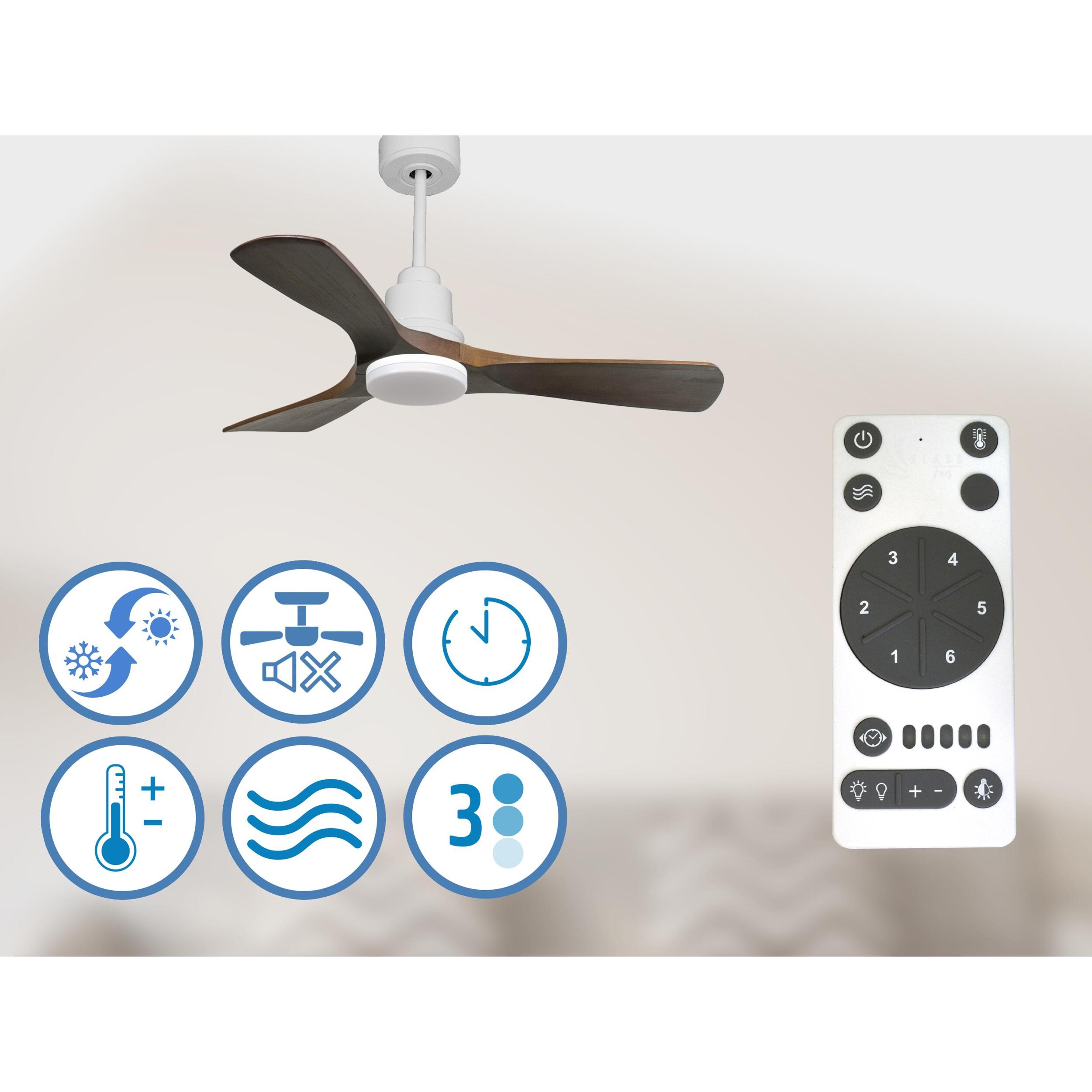 Ventilateur de plafond Réversible  Thermostat Dimmable Wifi Moteur à courant continu Toits en pente Télécommande Lumière à trois tons Hypersilence Mémoire