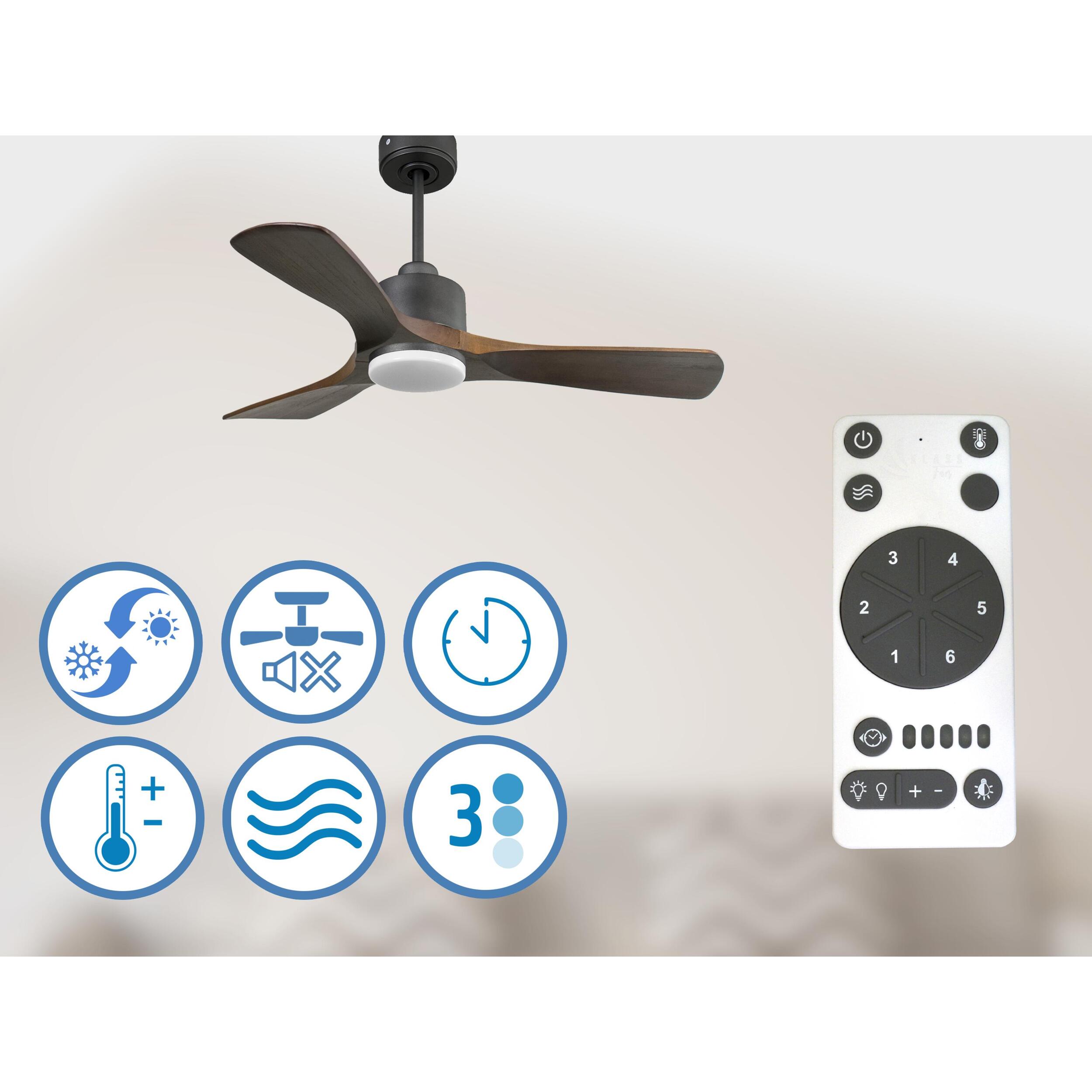 Ventilateur de plafond Réversible  Thermostat Dimmable Wifi Moteur à courant continu Toits en pente Télécommande Lumière à trois tons Hypersilence Mémoire