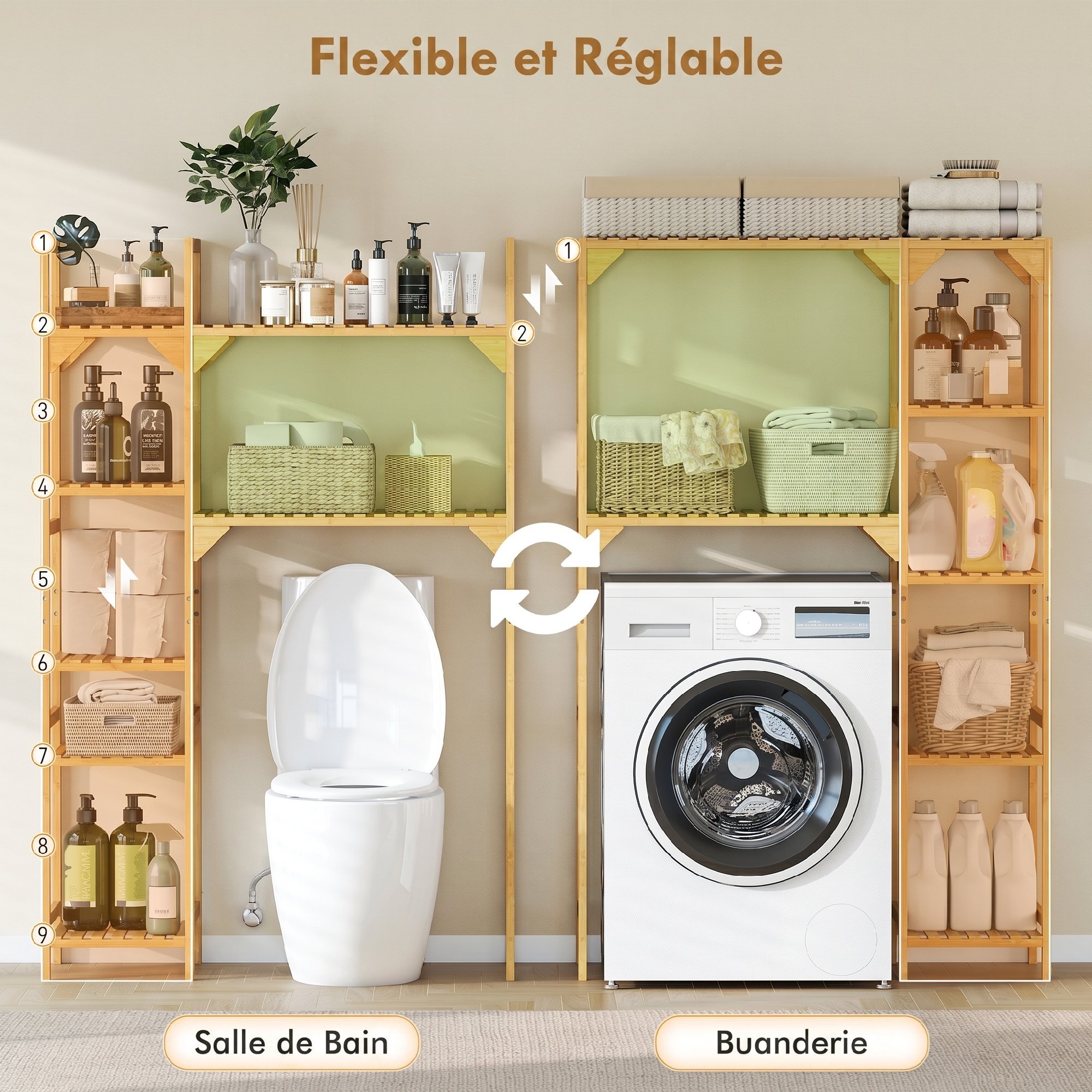 Meuble de buanderie pour machine à laver bambou verni 7 étagères