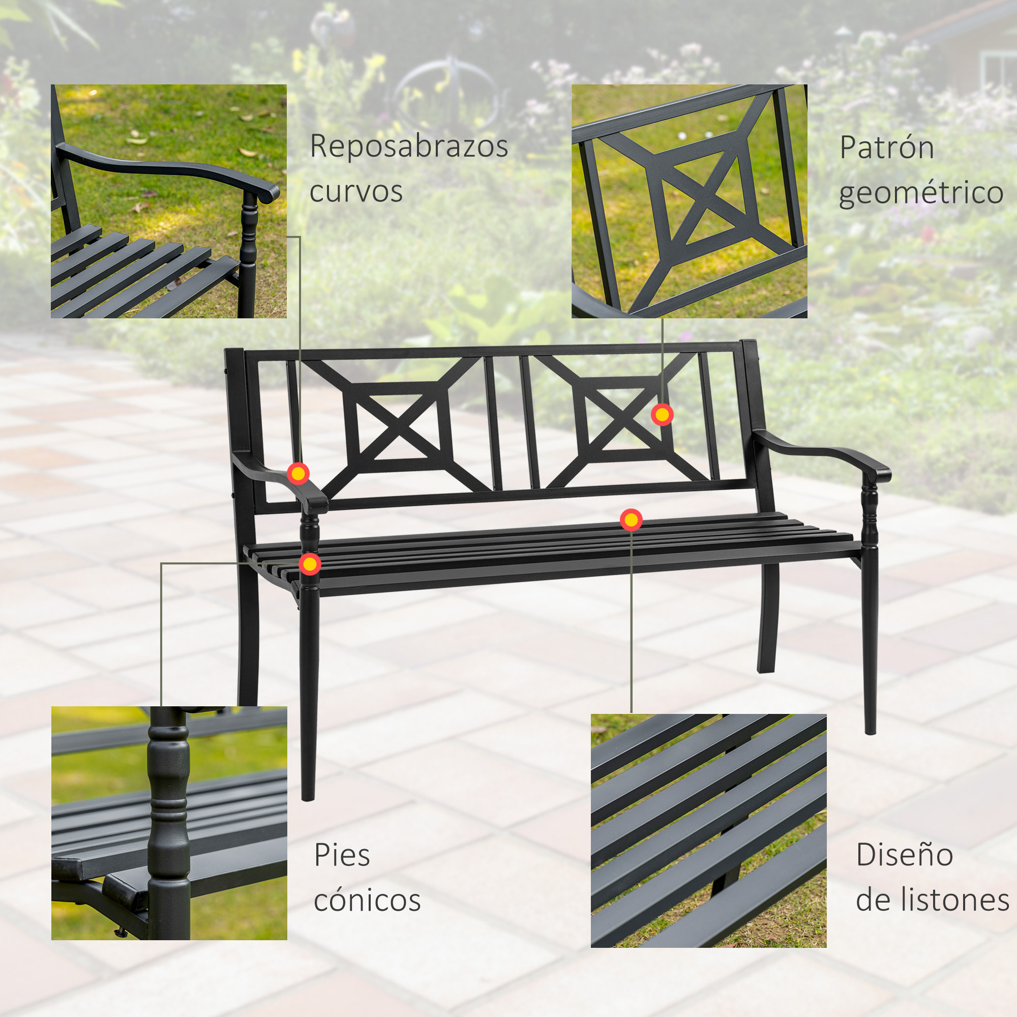 Banco de Jardín de 2 Plazas Banco Exterior de Acero con Reposabrazos y Respaldo Decorativo para Terraza Balcón Patio Carga 240 kg 128x62,5x81,5 cm Negro