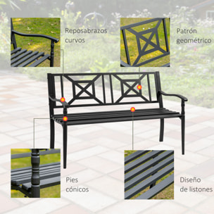 Banco de Jardín de 2 Plazas Banco Exterior de Acero con Reposabrazos y Respaldo Decorativo para Terraza Balcón Patio Carga 240 kg 128x62,5x81,5 cm Negro