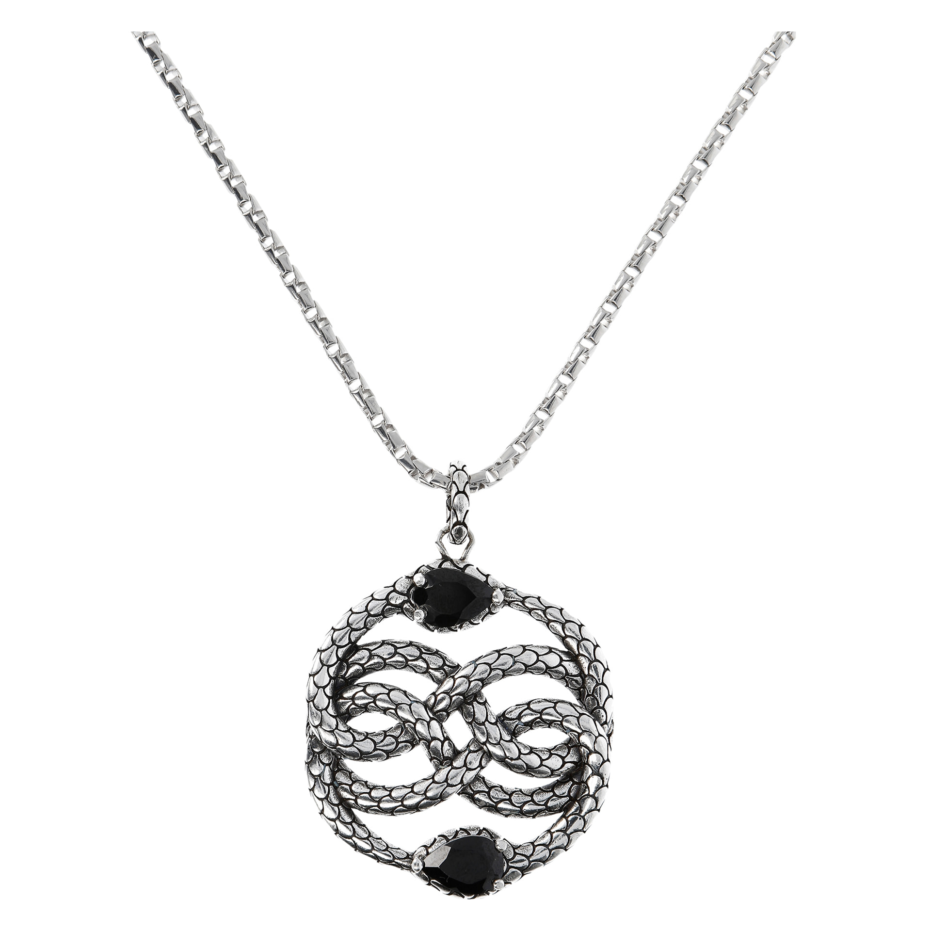 Collana Lunga Catena Veneziana con Pendente Serpente a Intreccio Texture Sirena con Spinello Nero