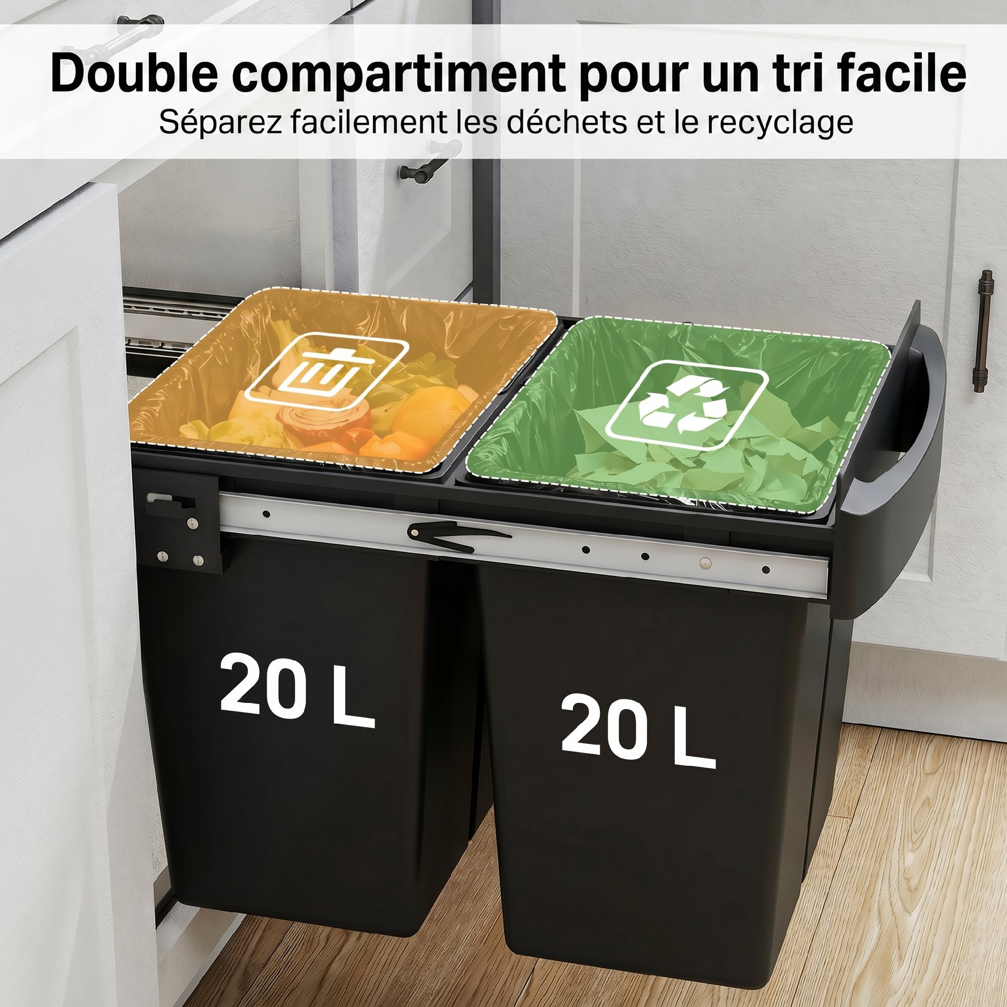Poubelle de tri coulissante - 2 bacs amovibles avec poignée - 2 x 20L - métal PP noir