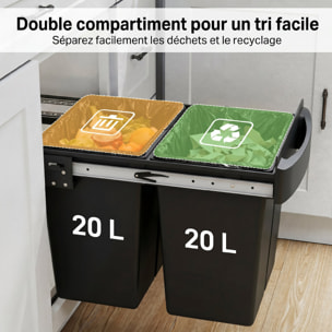 Poubelle de tri coulissante - 2 bacs amovibles avec poignée - 2 x 20L - métal PP noir
