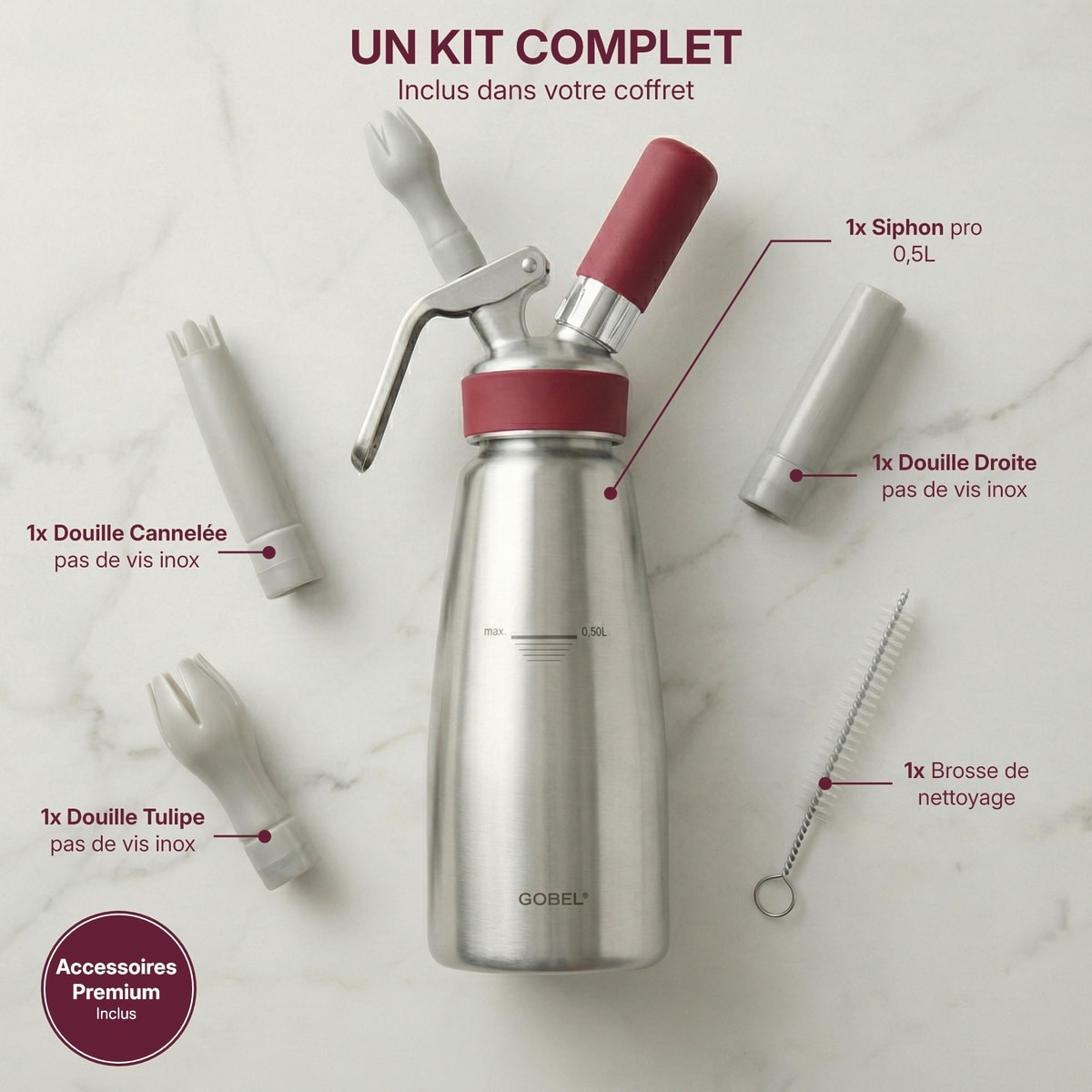 Siphon professionnel inox GOBEL - cuve inox - tête inox - 0.5L