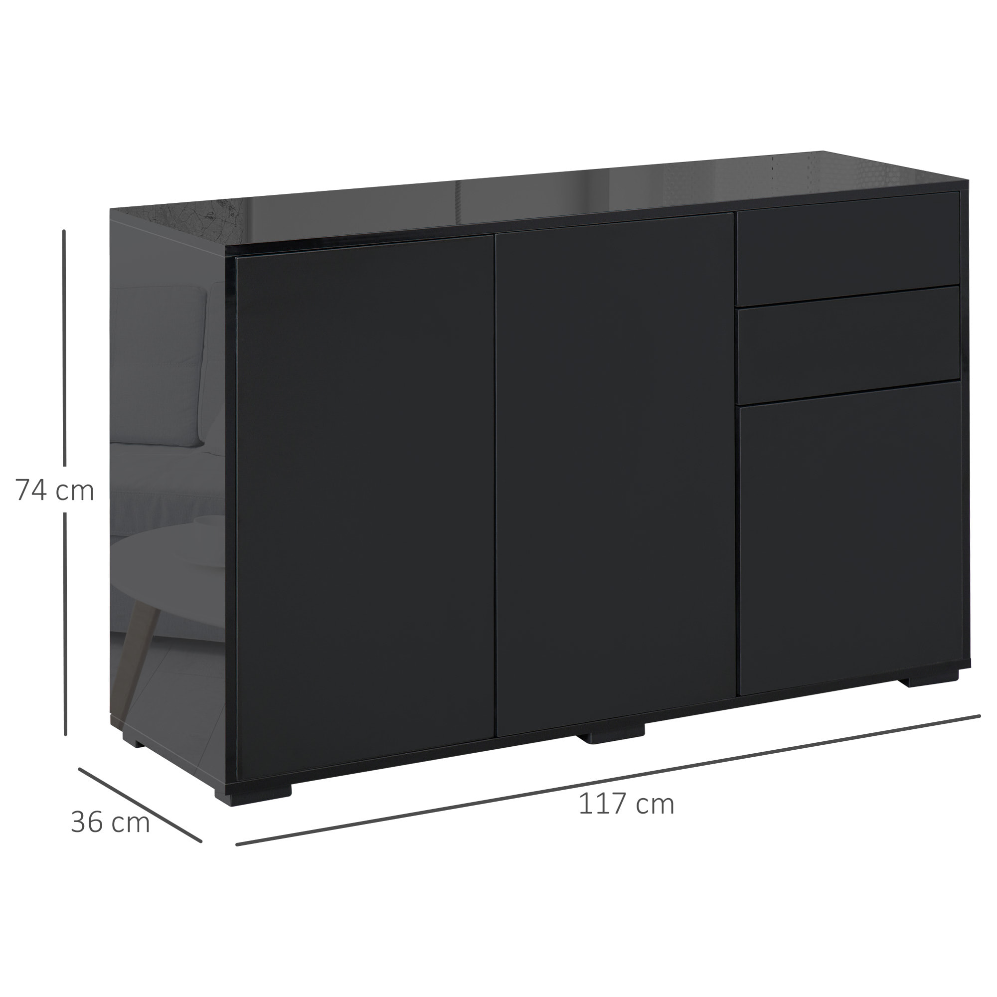 Aparador para Salón Aparador de Entrada con 3 Puertas 2 Cajones y Estante Ajustable Armario de Almacenamiento para Cocina Sala 117x36x74 cm Negro
