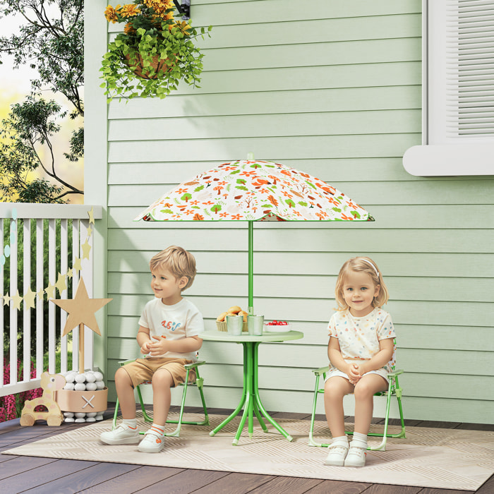 Conjunto de Mesa y Sillas Infantil de Jardín de 4 Piezas Mesa Infantil con Sillas Plegables Sombrilla Ajustable Diseño de Zorro para Patio Pícnic Verde