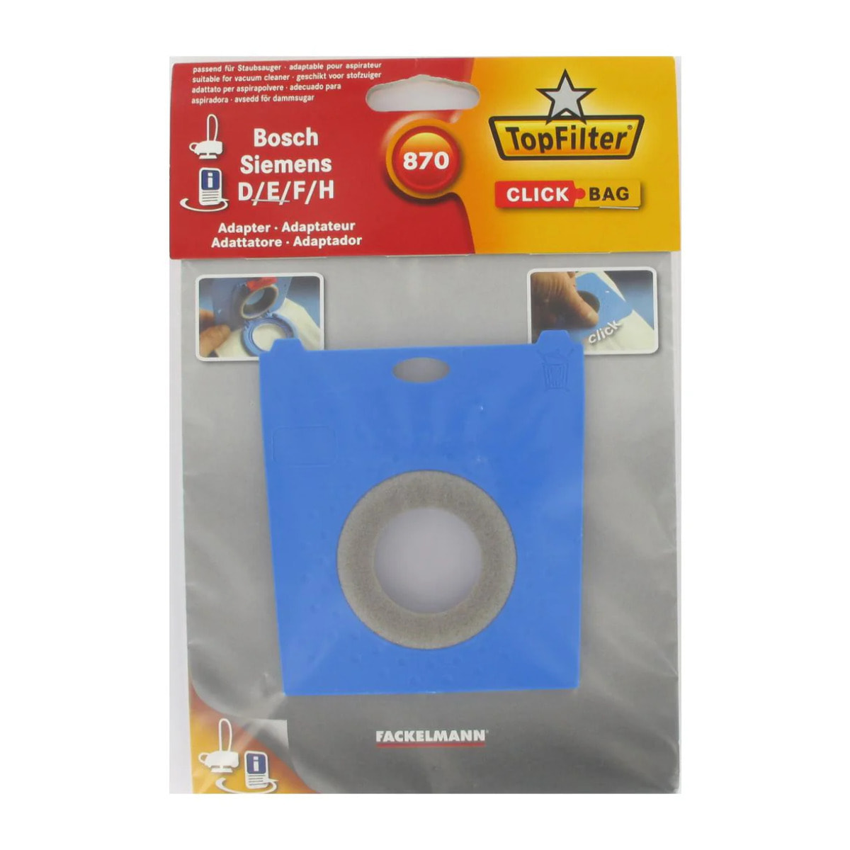 Boite de 4 sacs aspirateurs universels Top Filter avec Adaptateur Click Bag pour aspirateurs Siemens et Bosch 870