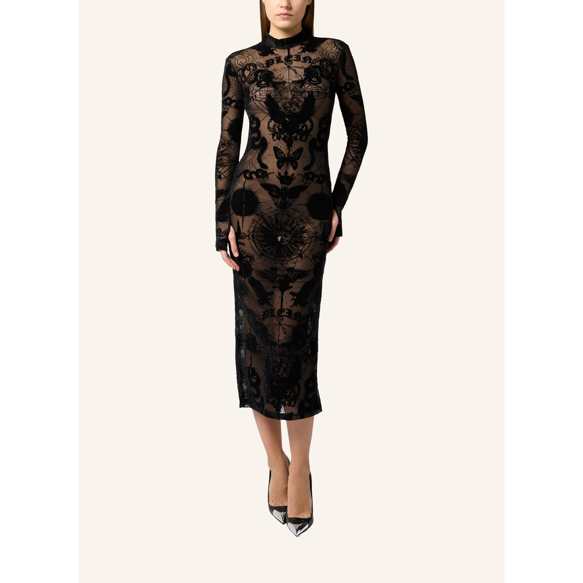 PHILIPP PLEIN Open Back Maxi Dress Flock Butterfly Tattoo