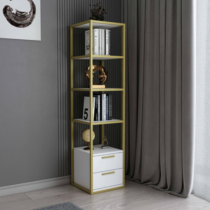 Libreria Dfogliat, Scaffale da ufficio, Mobile portalibri, Biblioteca, 39x39h169 cm, Oro e Bianco