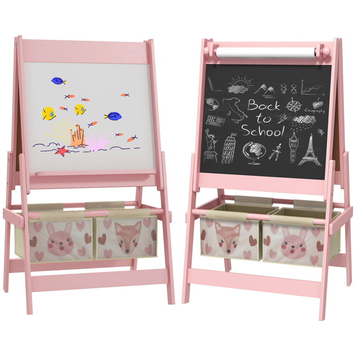Tableau chevalet enfant - tableau blanc, tableau à craie, rouleau papier 3 en 1 - paniers rangement intégrés - MDF pin rose