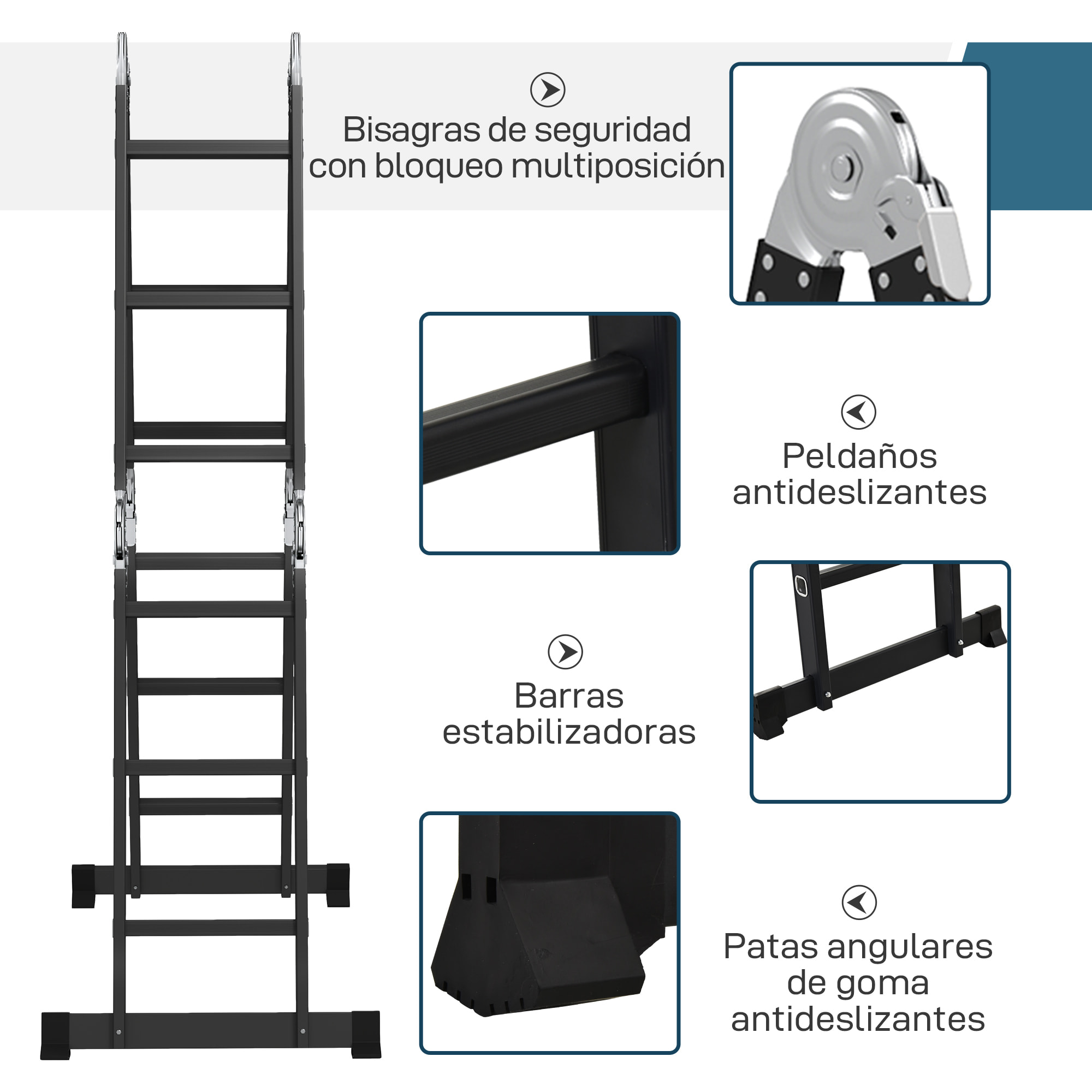 Escalera Multiusos Plegable Escalón Caballete 5 en 1 Portátil con 2 Placas de Plataforma Pie Antideslizante 6 Interruptores Bisagra Aluminio 150 kg 370x61x11 cm Negro