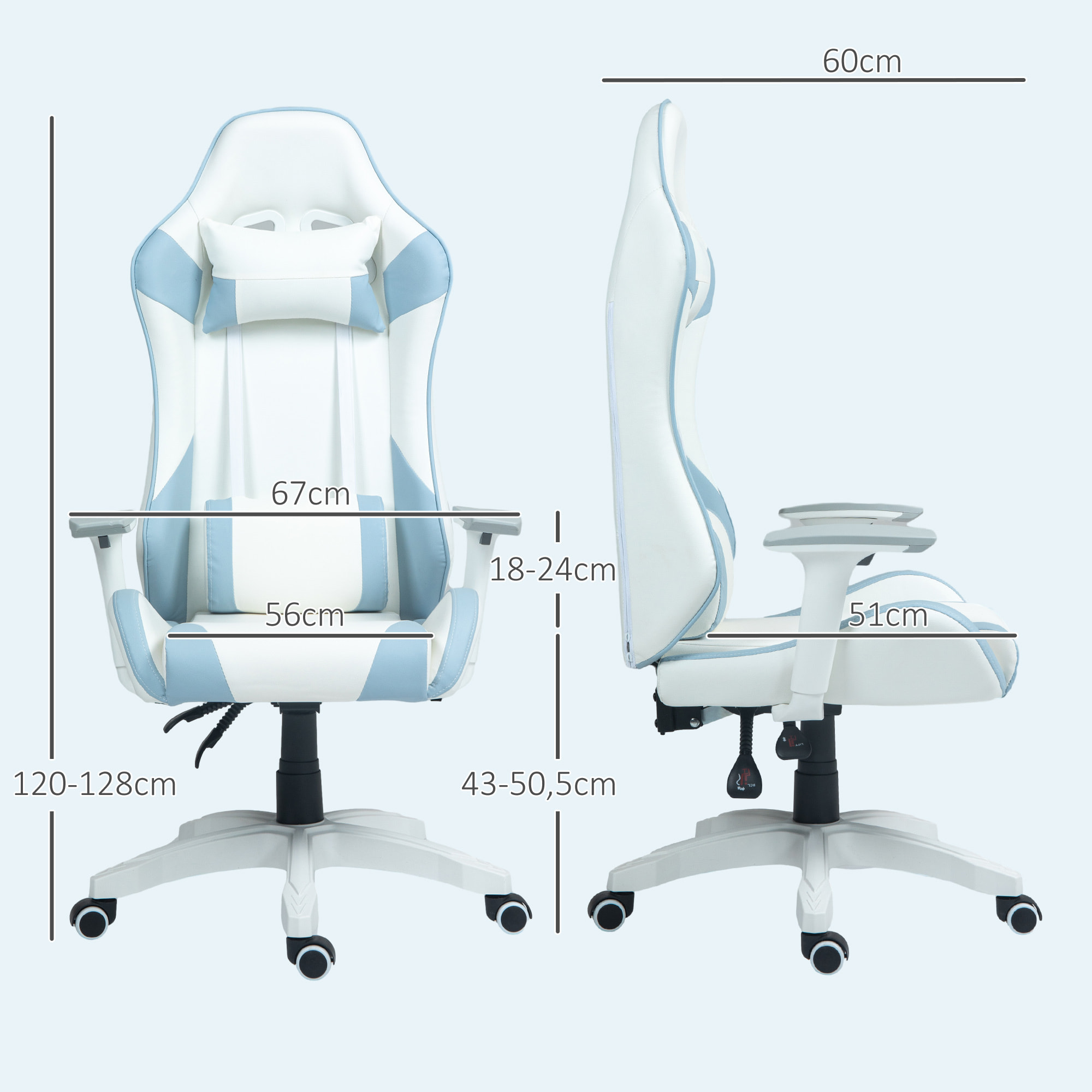 Silla Gaming Reclinable Silla Gamer Giratoria Silla de Oficina Basculante con Cojín Lumbar Reposabrazos 3D Reposacabezas Extraíble y Altura Ajustable 67x60x120-128 cm Blanco y Azul