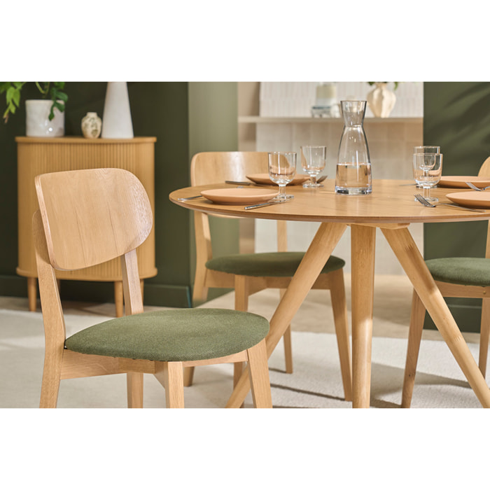 Chaises vintage en bois clair chêne et tissu effet velours texturé vert kaki (lot de 2) LUCIA